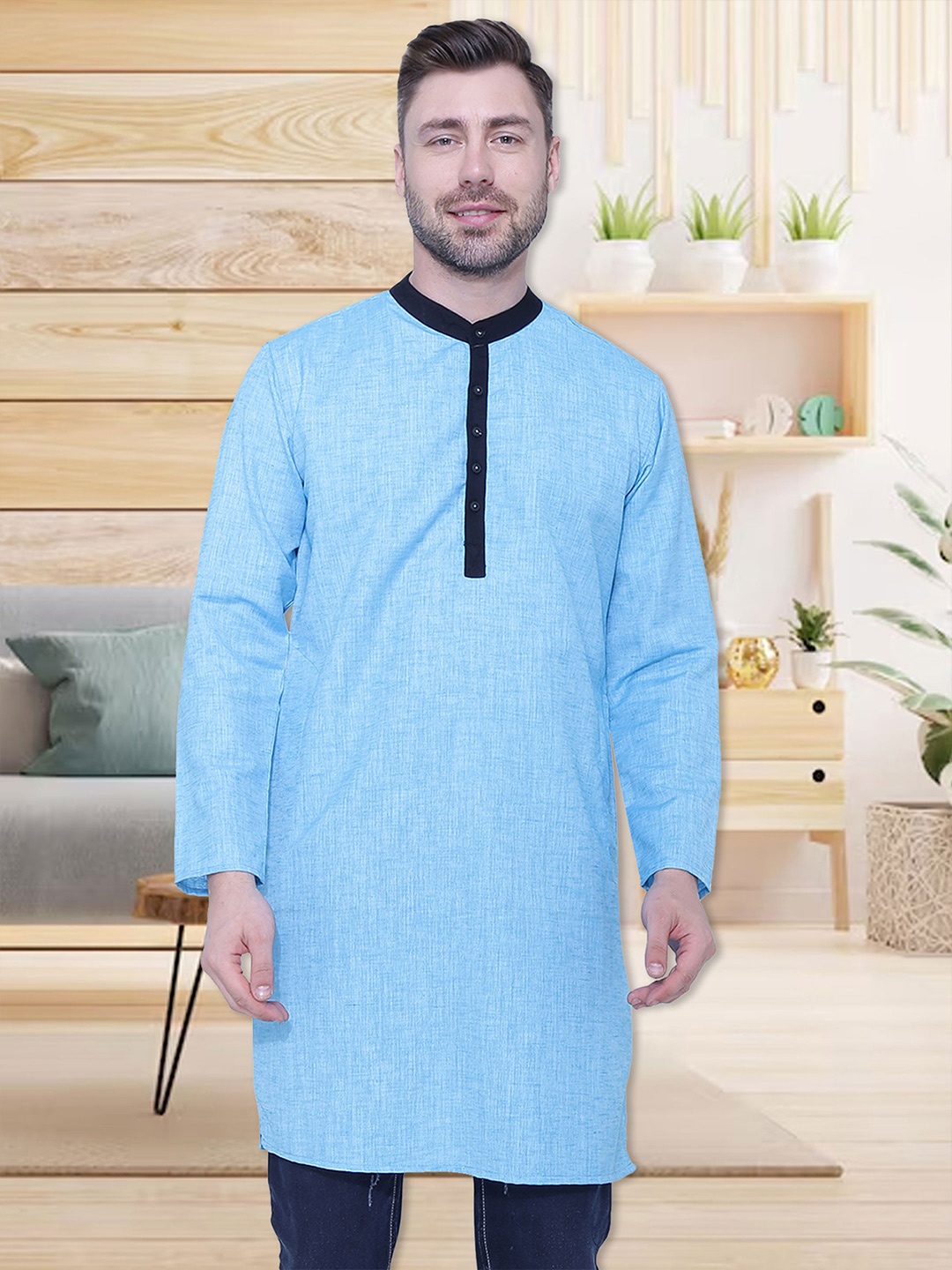 

Kuons Avenue Men Turquoise Blue Thread Work Kurta