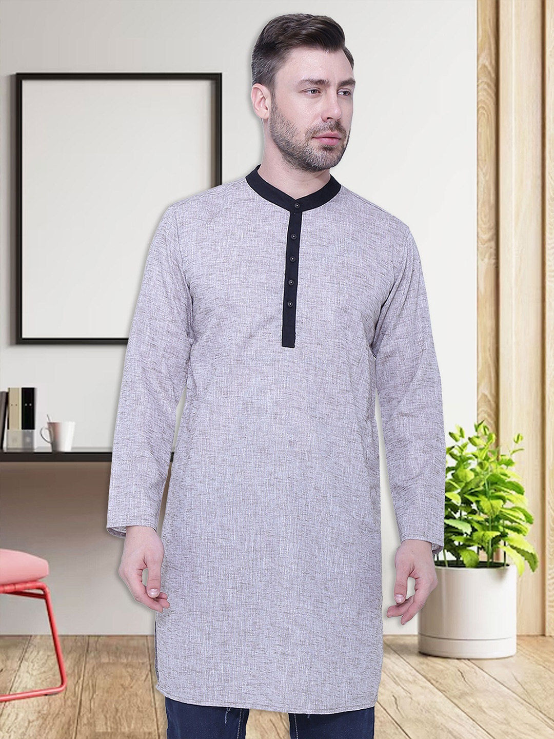

Kuons Avenue Men Grey Linen Cotton Ethnic Kurta