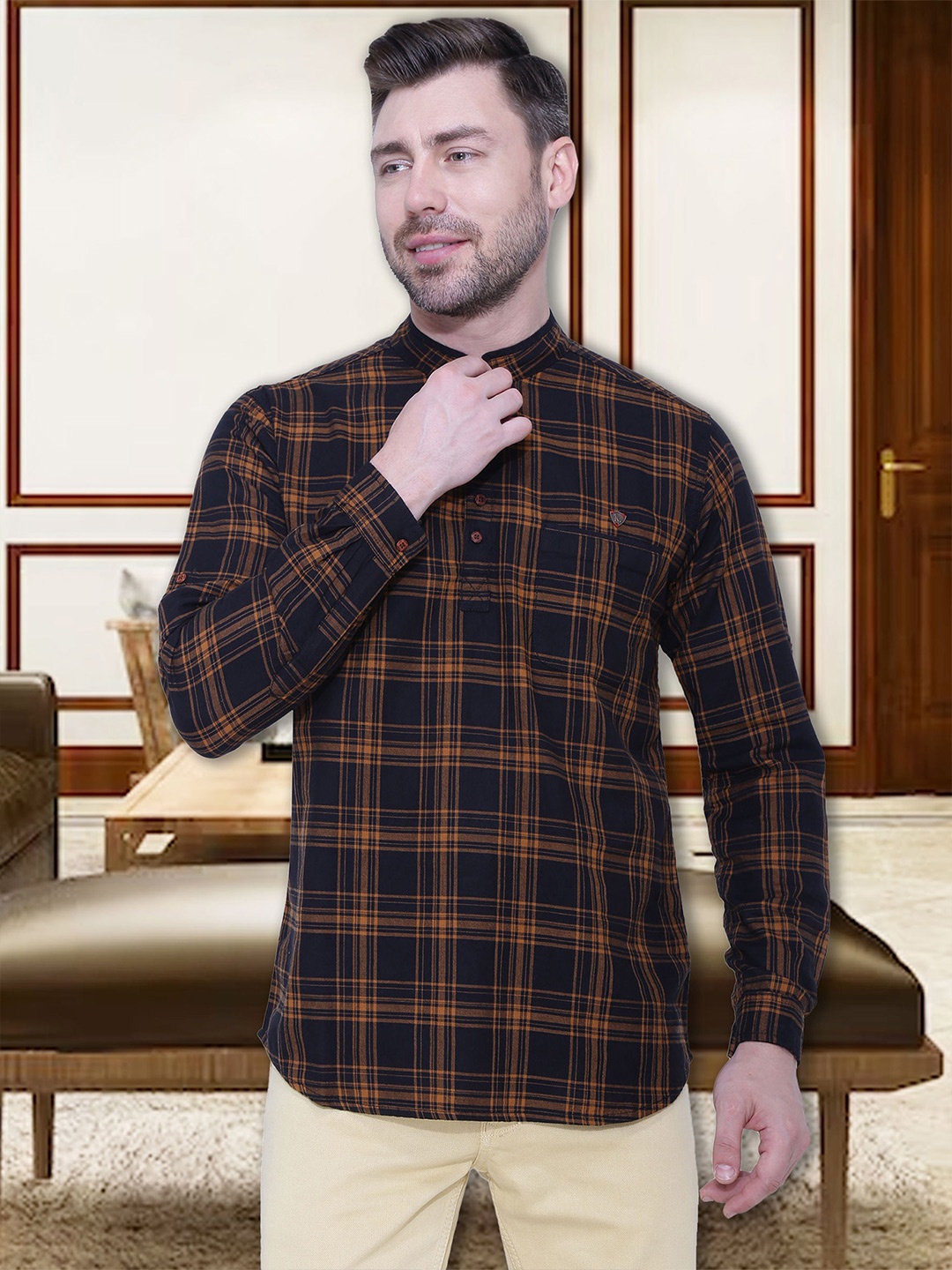 

Kuons Avenue Men Black Checked Thread Work Pathani Kurta