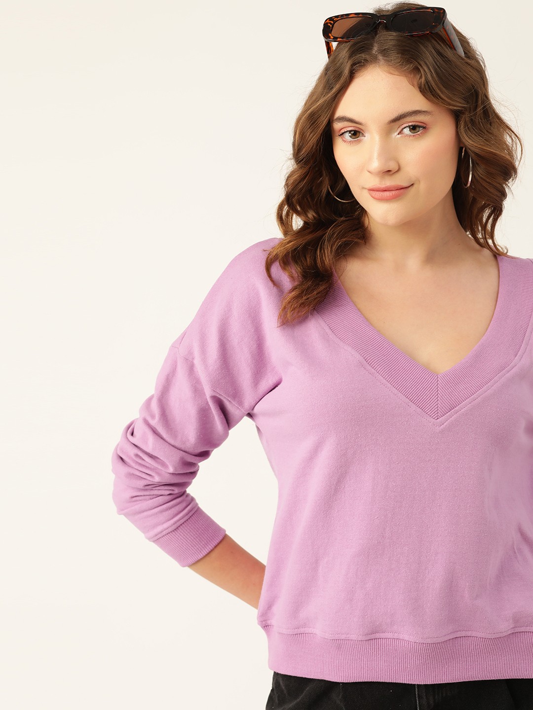 

DressBerry Women Lavender Solid V-Neck Sweatshirt