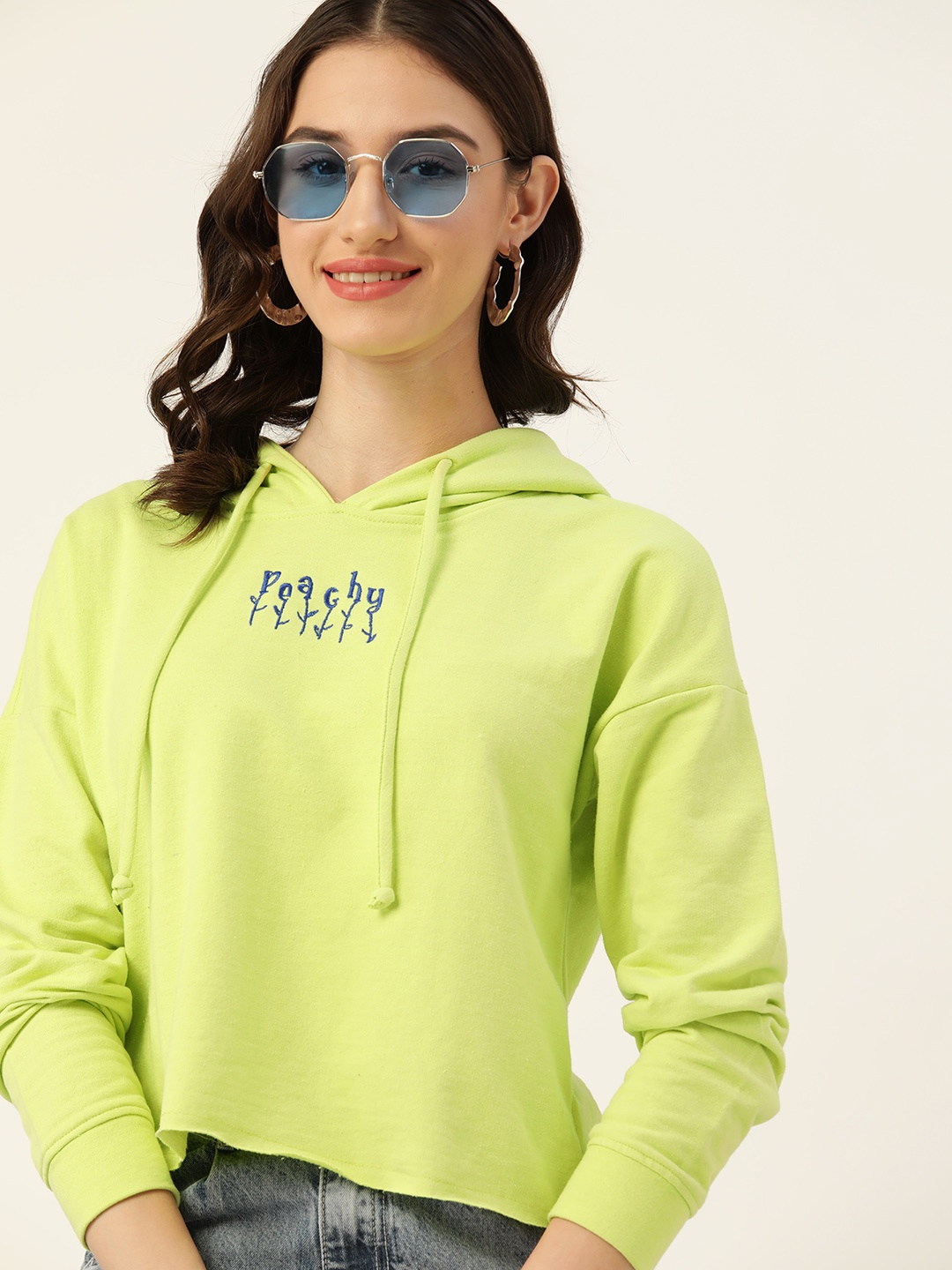 

DressBerry Women Lime Green Embroidered Hooded Sweatshirt