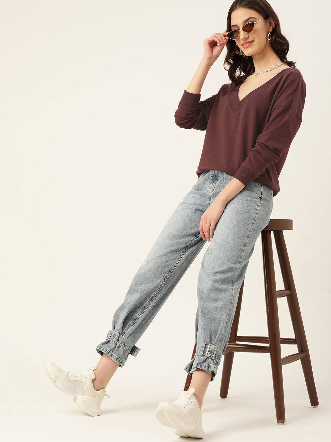 

DressBerry Women Brown Solid V-Neck Drop-Shoulder Sleeves Sweatshirt