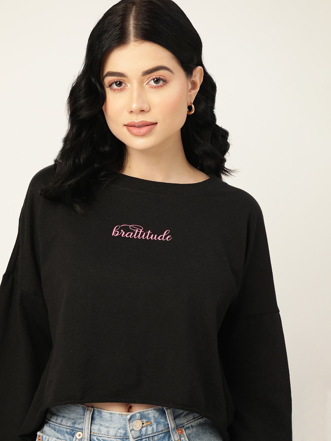 

4WRD by Dressberry Women Black Printed Detail Crop Sweatshirt