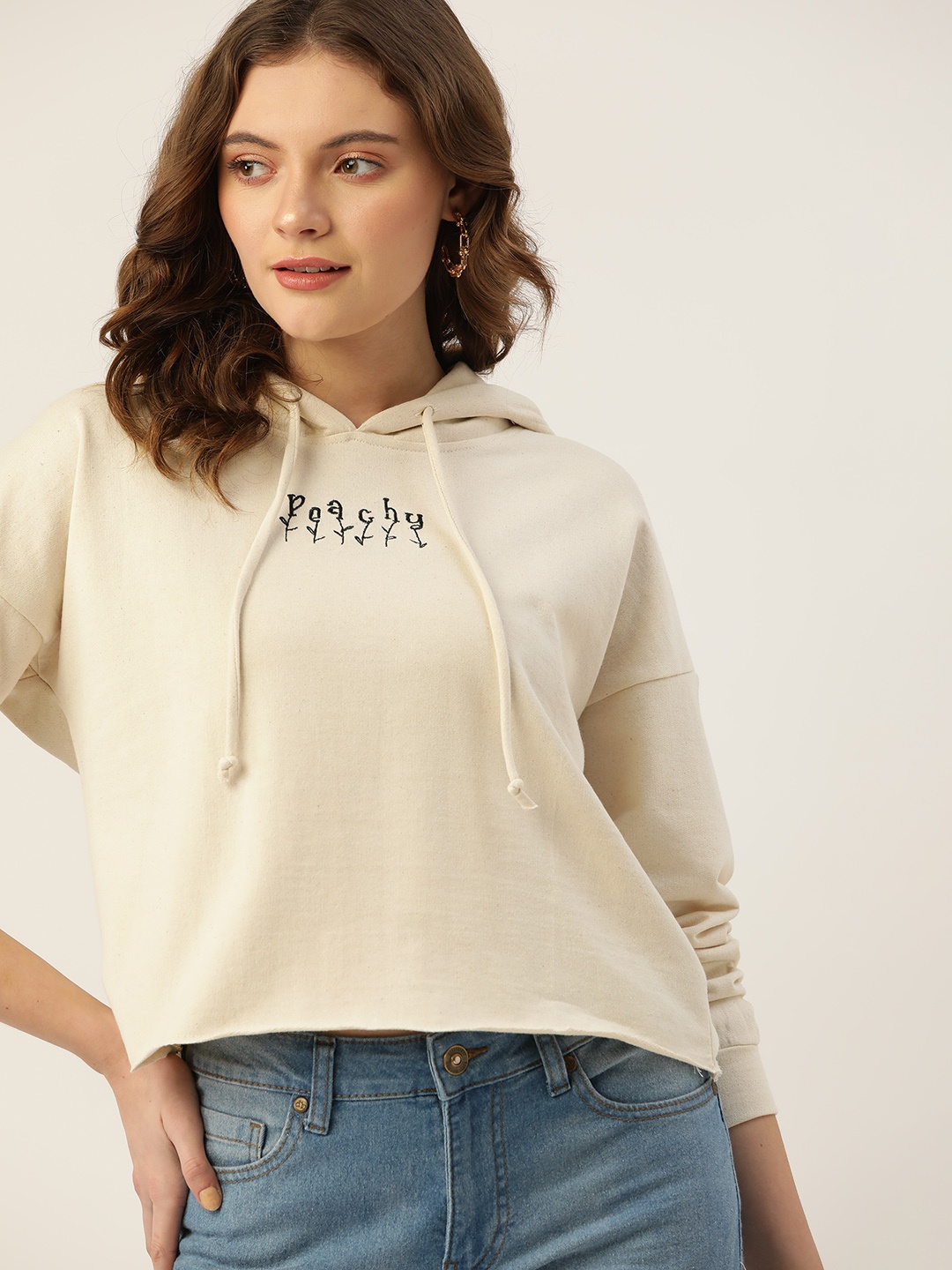 

DressBerry Women Beige Embroidered Hooded Sweatshirt