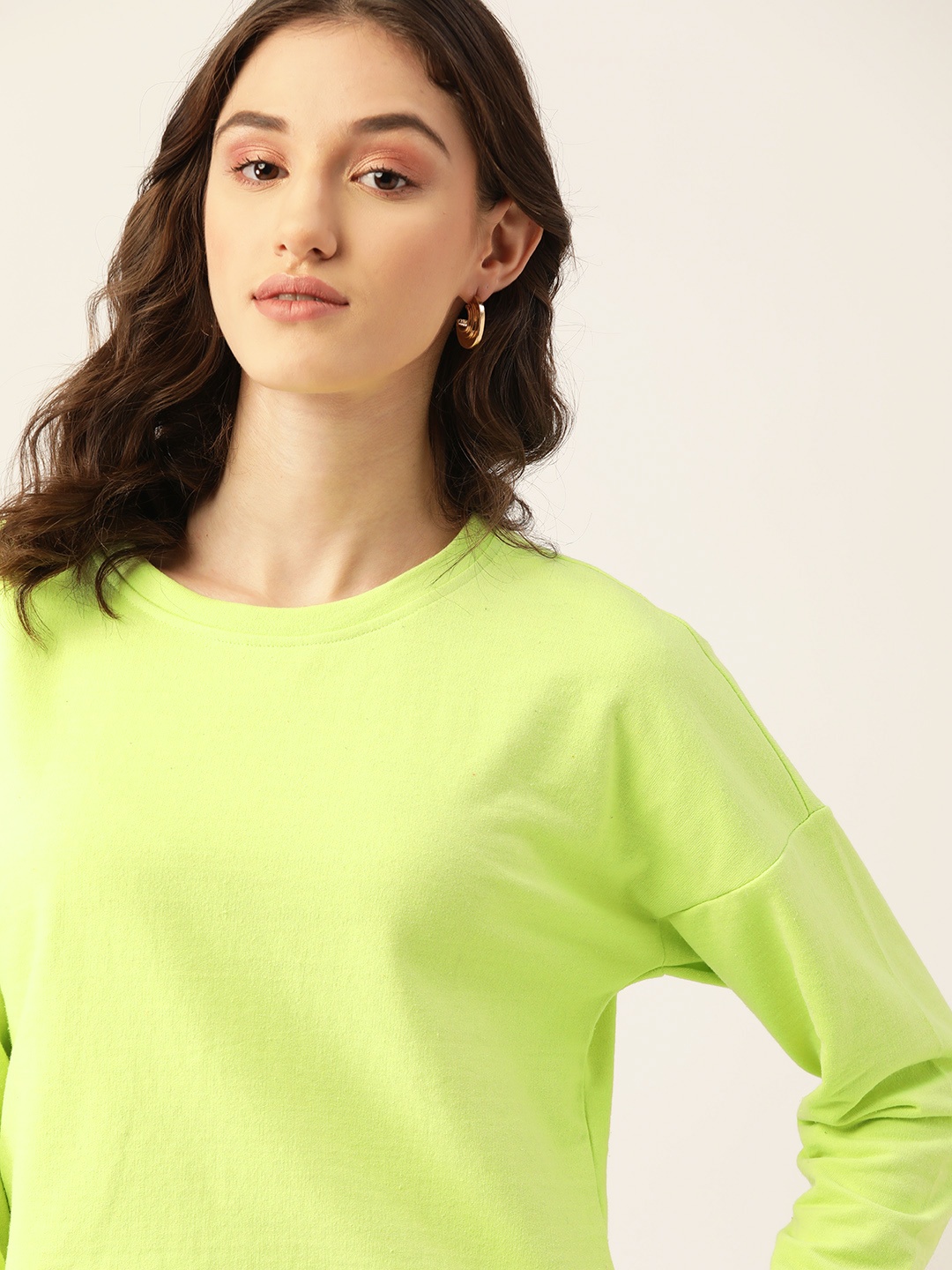 

DressBerry Women Lime Green Solid Drop-Shoulder Sleeves Sweatshirt