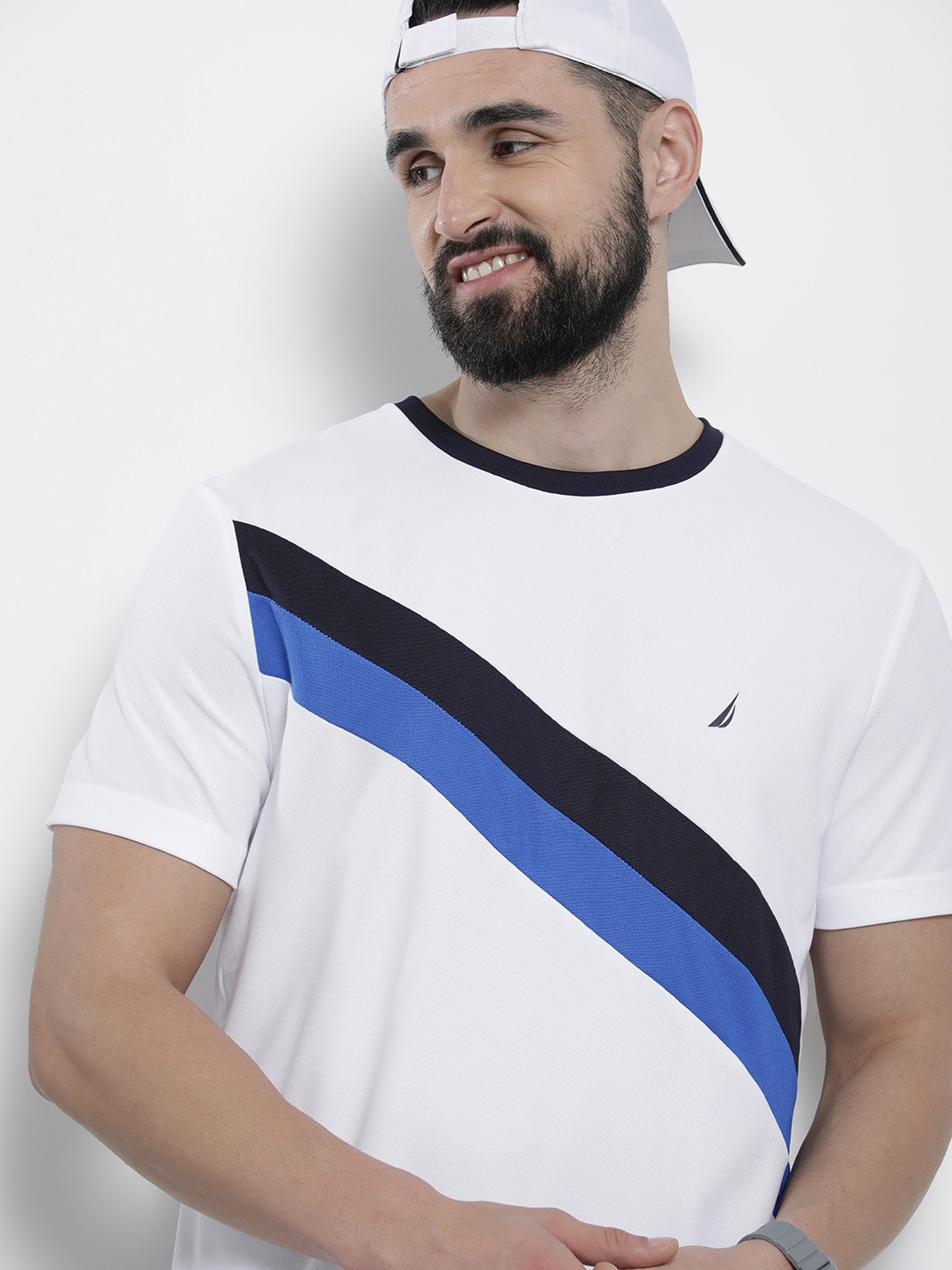 

Nautica Men Striped Round Neck Sustainable T-shirt, White