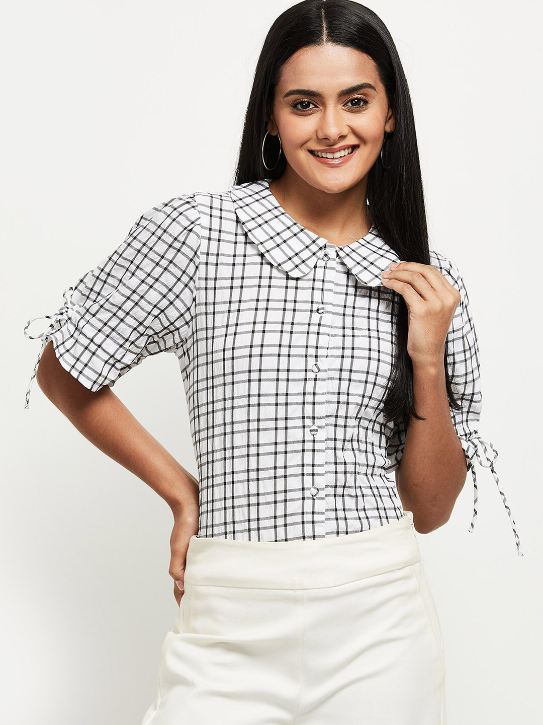 

max White Checked Peter Pan Collar Shirt Style Top