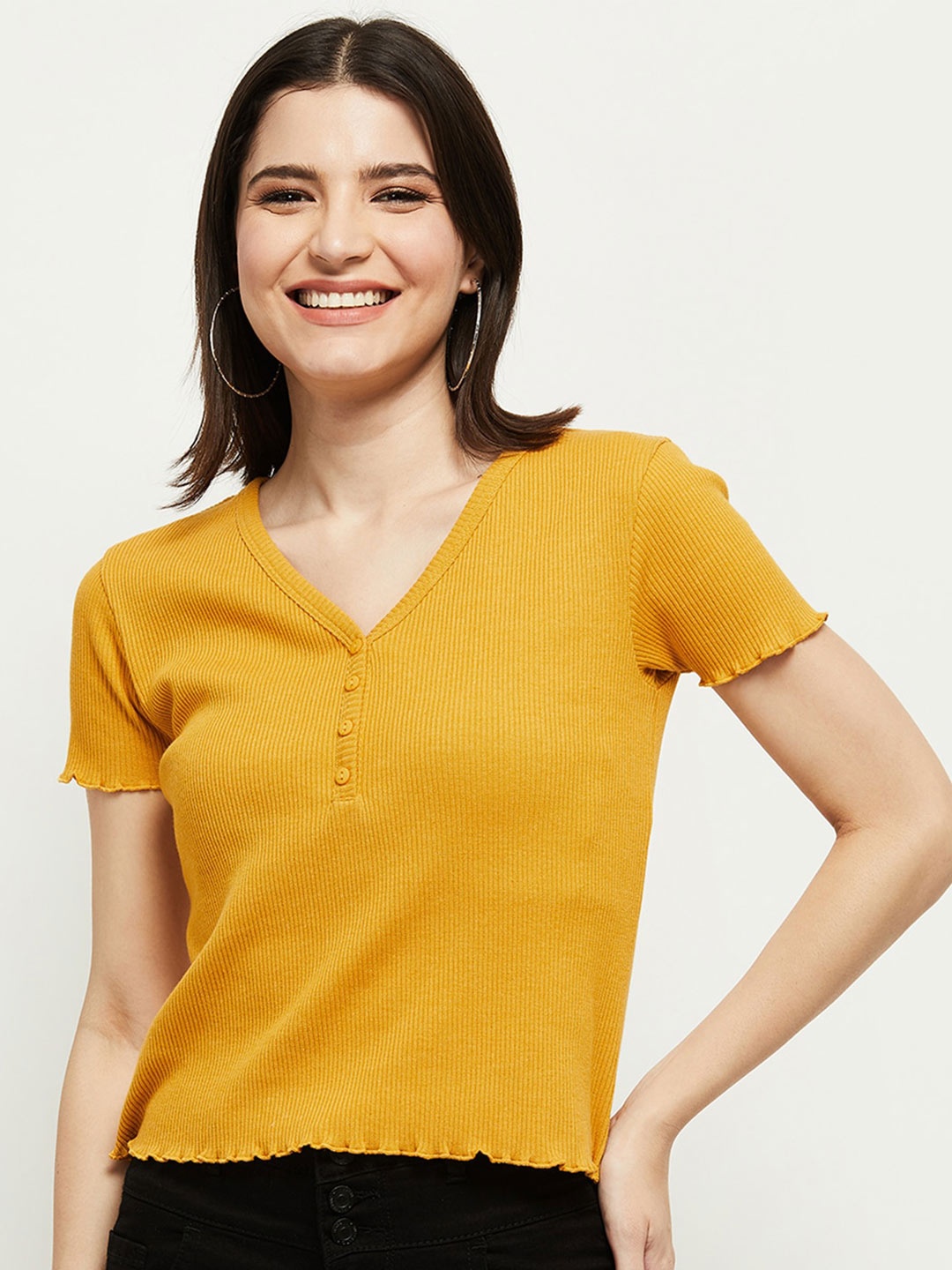 

max Mustard Yellow Solid V-Neck Top