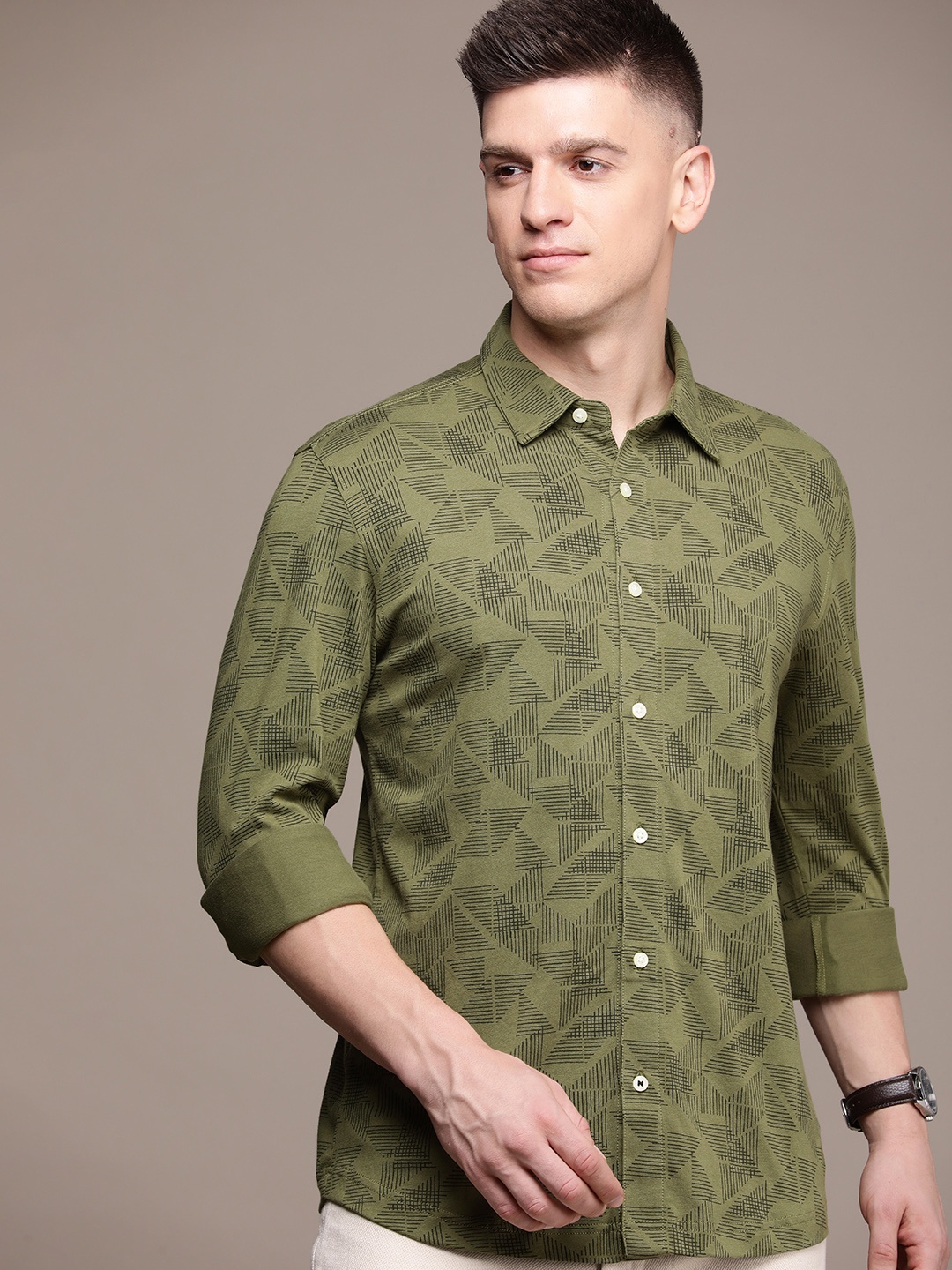 

Nautica Classic Fit Geometric Printed Casual Shirt, Olive