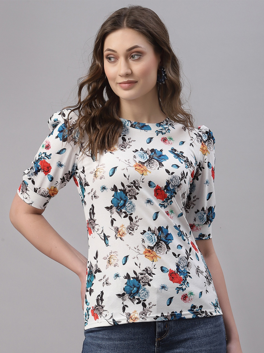 

Selvia White Floral Print Scuba Top