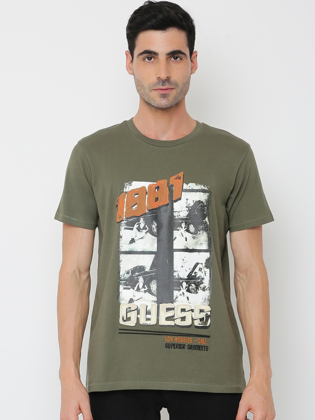 

GUESS Men Olive Green Typography Printed T-shirt