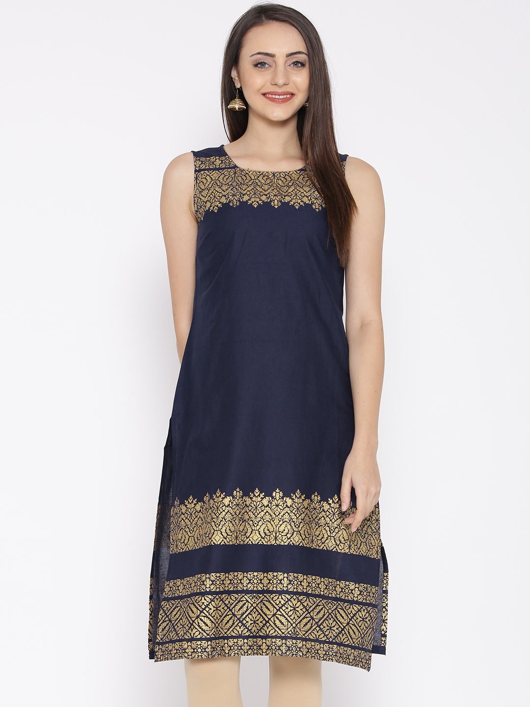 

AURELIA Women Navy Blue Printed Straight Kurta