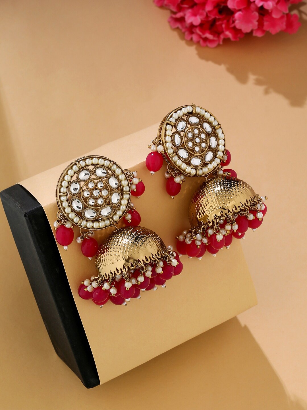 

VIRAASI Gold-Toned & Red Contemporary Jhumkas Earrings