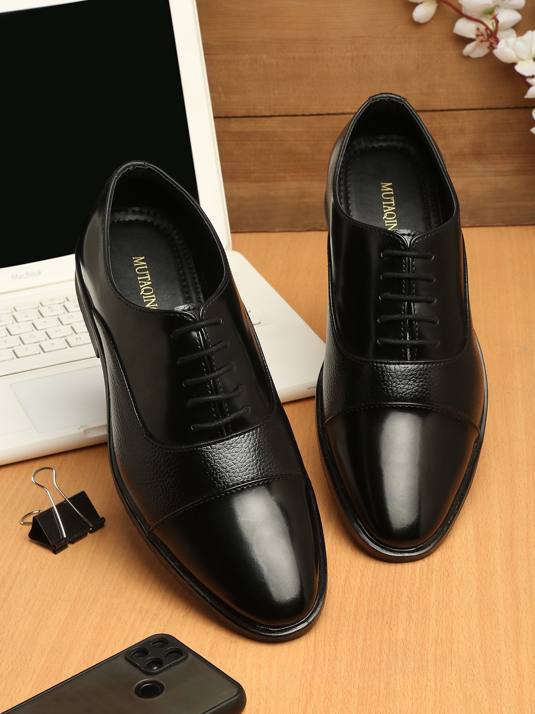 

MUTAQINOTI Men's Jet Black Oxford Luxury Leather Shoes for Formal Office Party wear