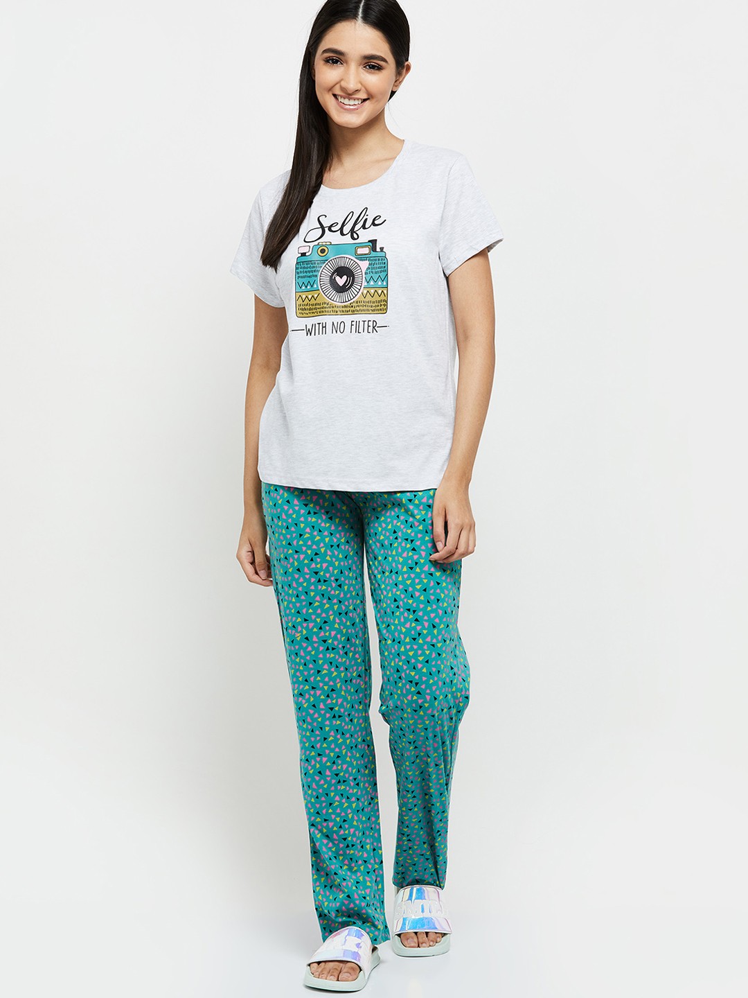 

max Women Grey Melange & Teal Printed Night suit