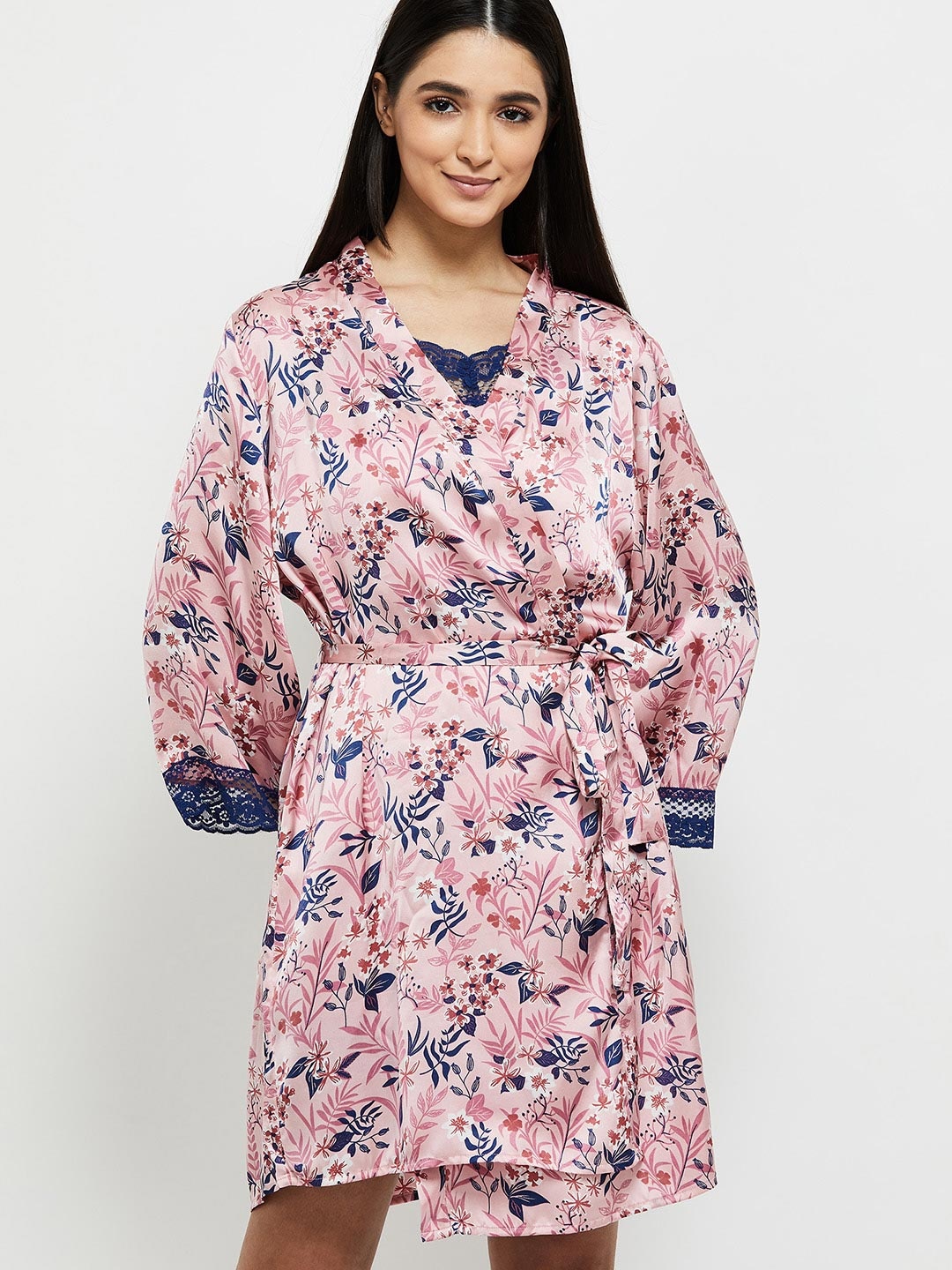

max Women Pink & Navy Blue Floral Printed Night Suit