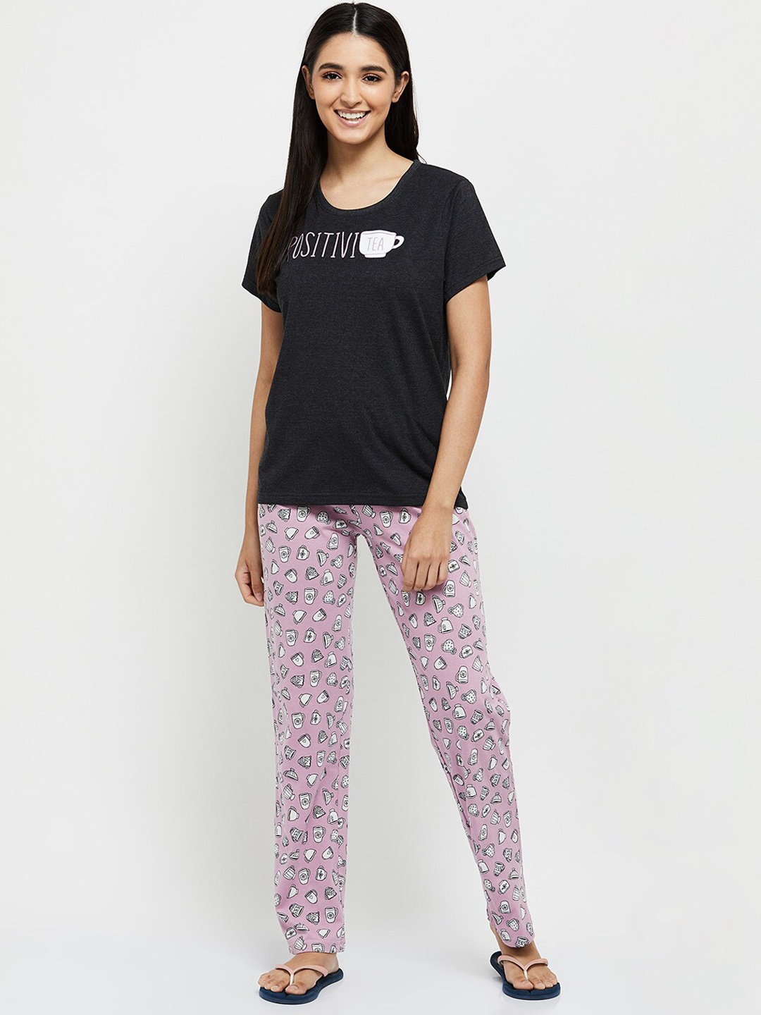 

max Women Grey & Purple Printed Night suit 100% COTTON
