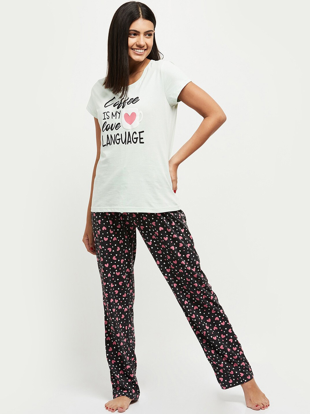 

Max Women Printed Round Neck T-Shirt with Elasticated Pyjamas, Green
