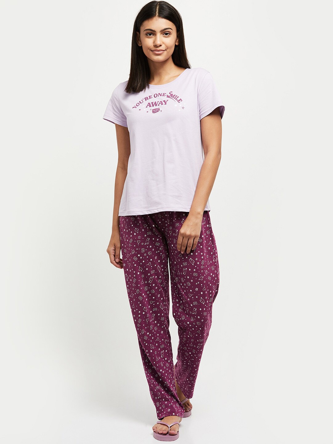 

max Women Purple & White Printed Night suit 100% COTTON