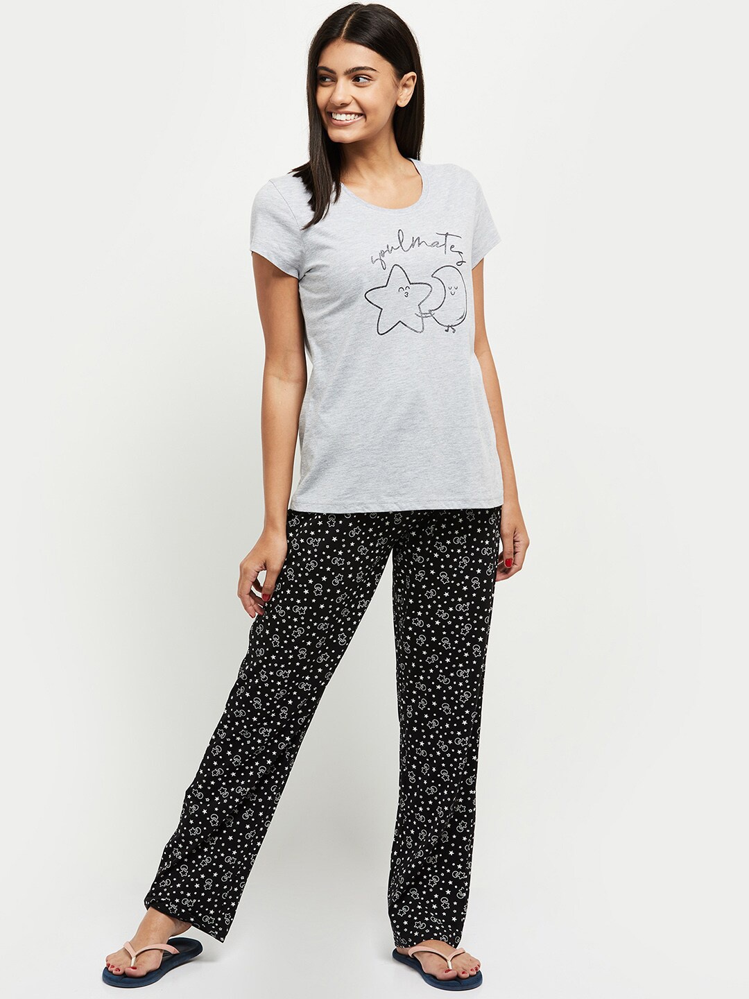 

Max Women Printed Round Neck T-Shirt with Elasticated Pyjamas, Grey melange