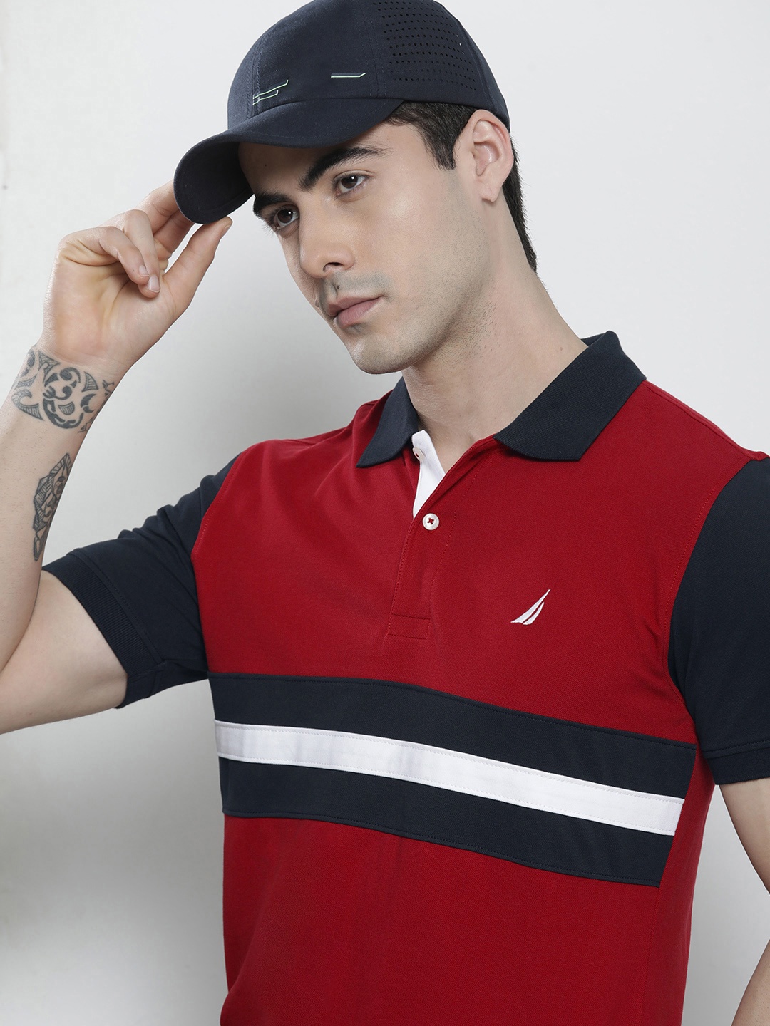 

Nautica Men Red & Navy Blue Striped Polo Collar T-shirt