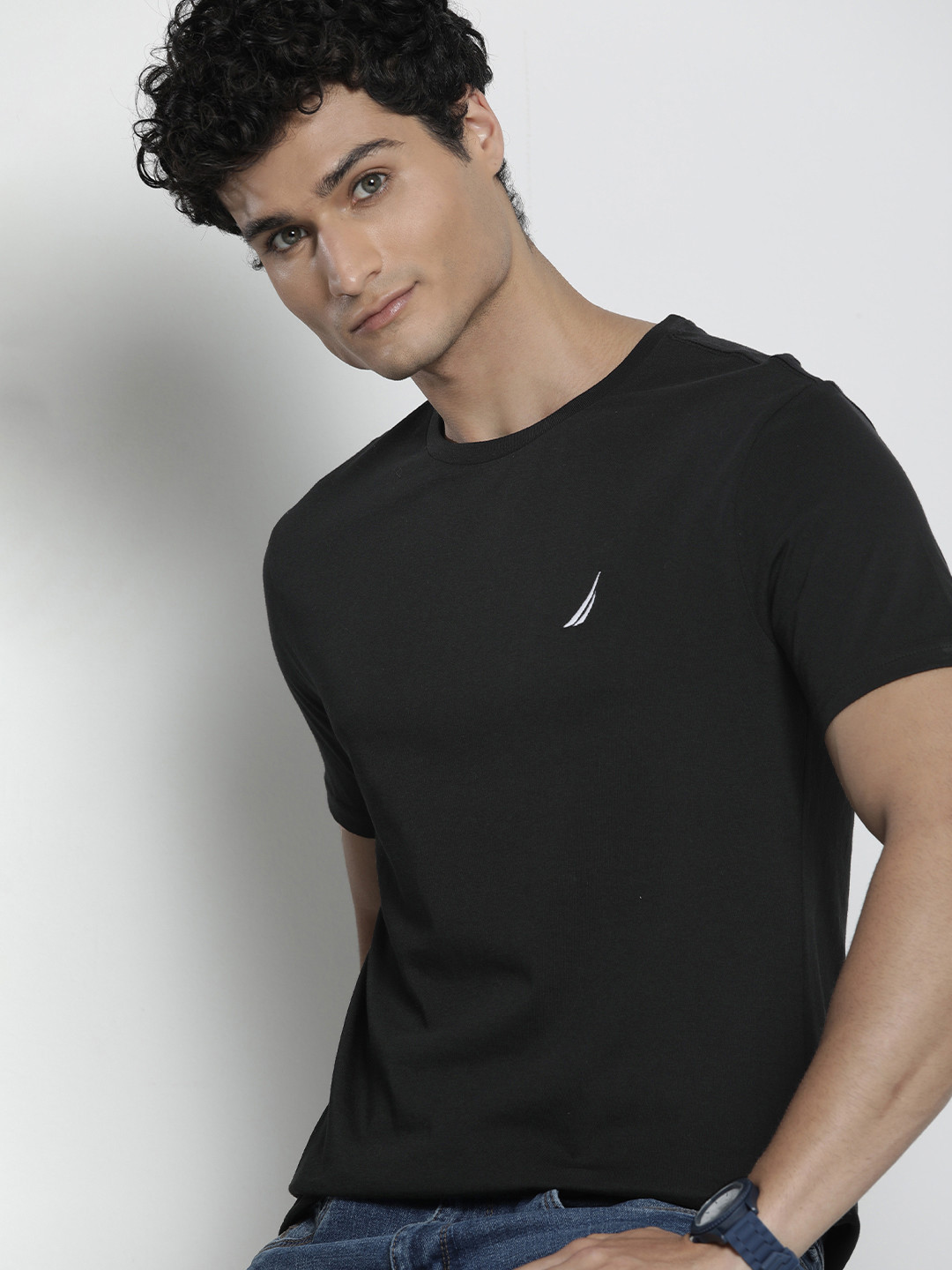 

Nautica Men Black Solid Pure Cotton Knitted T-shirt with Brand Logo Embroidered Detail