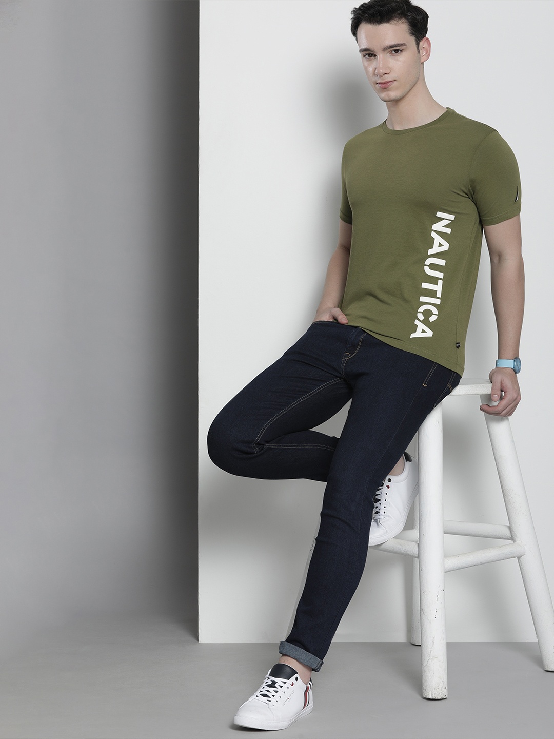 

Nautica Men Brand Logo Applique Pure Cotton T-shirt, Olive