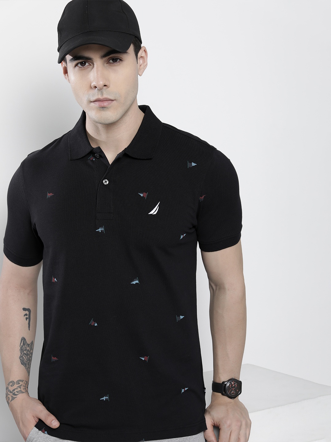 

Nautica Men Black Printed Polo Collar T-shirt