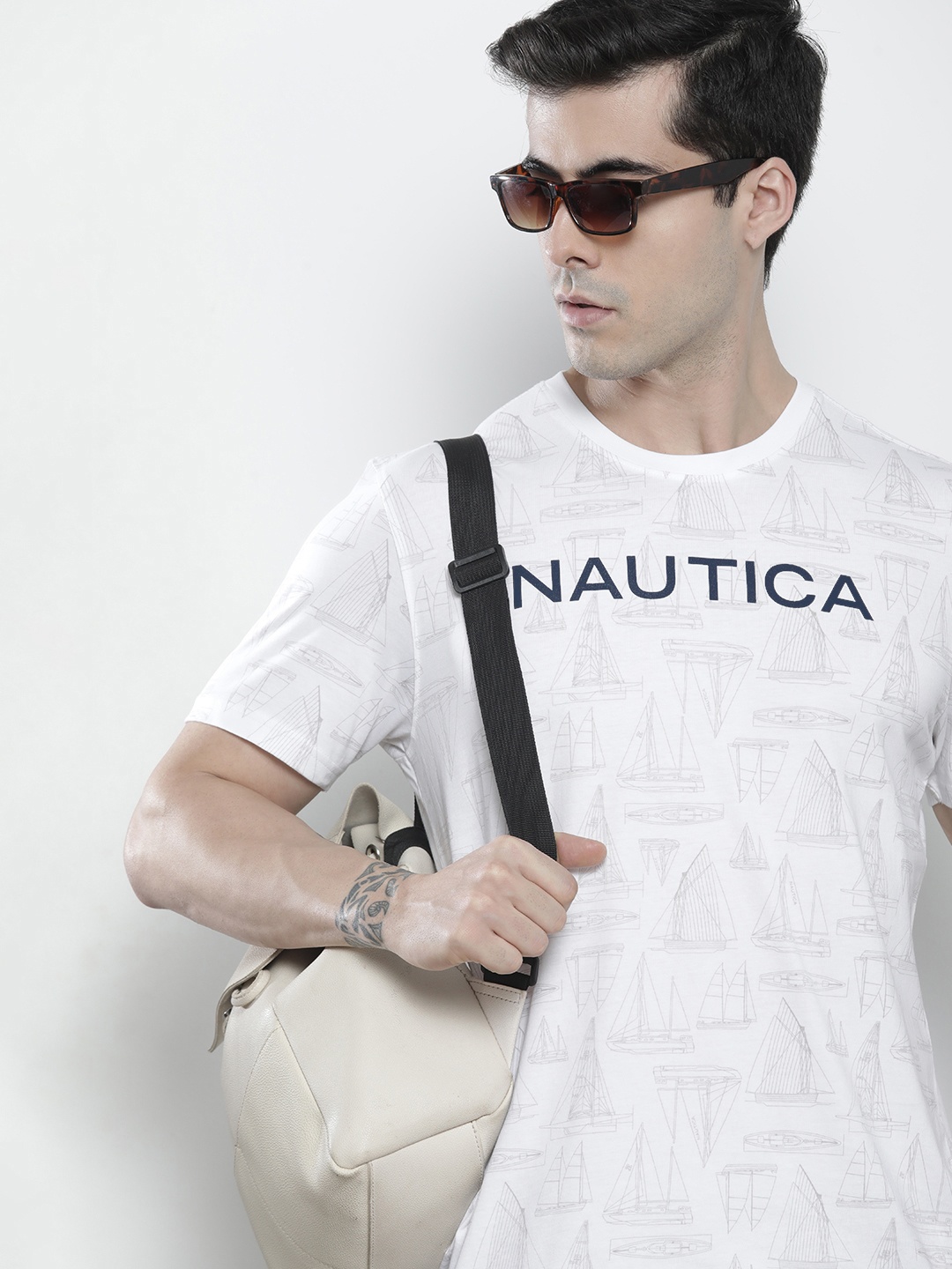 

Nautica Men White & Navy Blue Brand Logo Printed Pure Cotton T-shirt