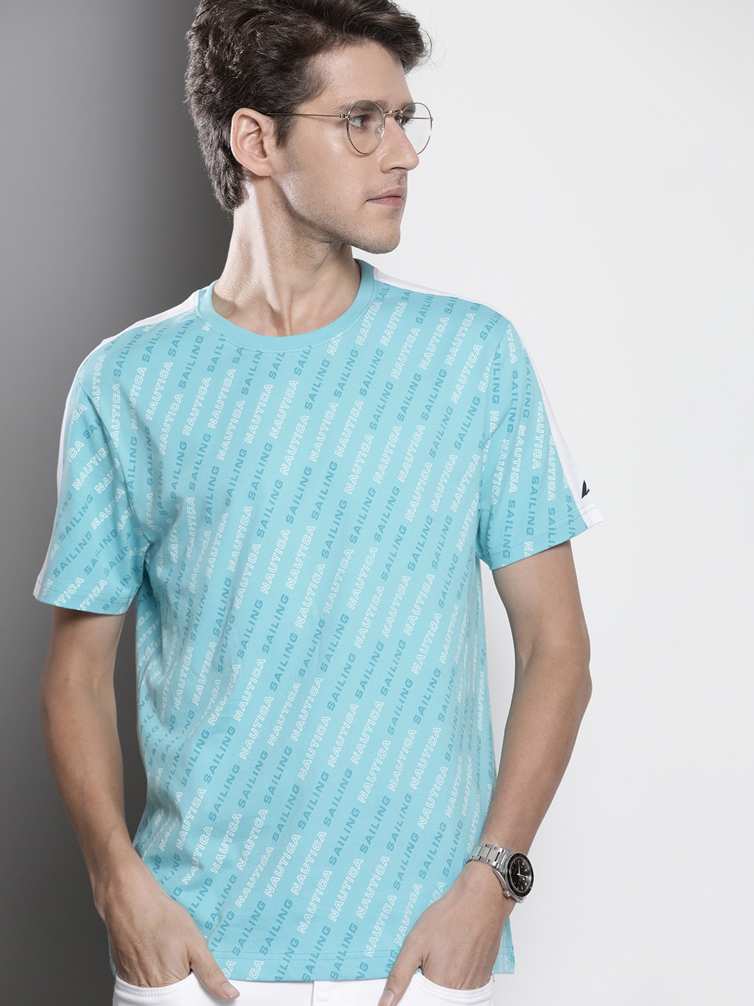 

Nautica Men Light Blue & White Brand Logo Printed Pure Cotton T-shirt