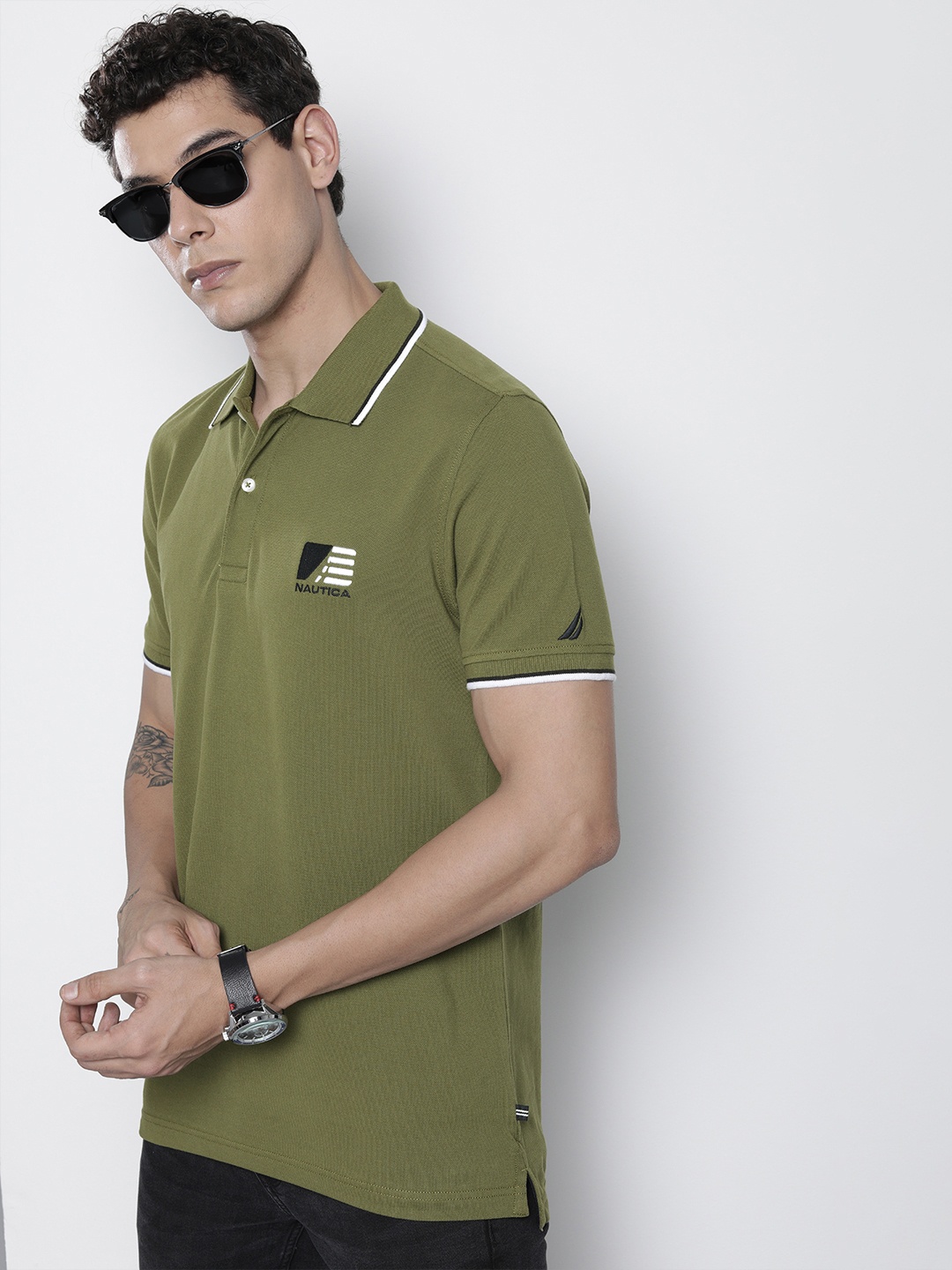 

Nautica Men Olive Green Polo Collar Pure Cotton T-shirt