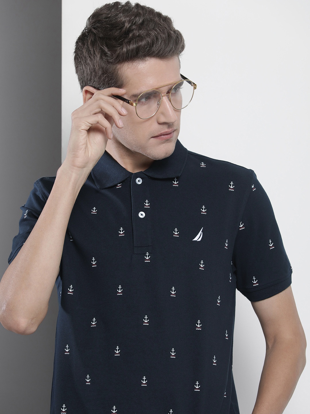 

Nautica Men Navy Blue & White Geometric Printed Polo Collar T-shirt