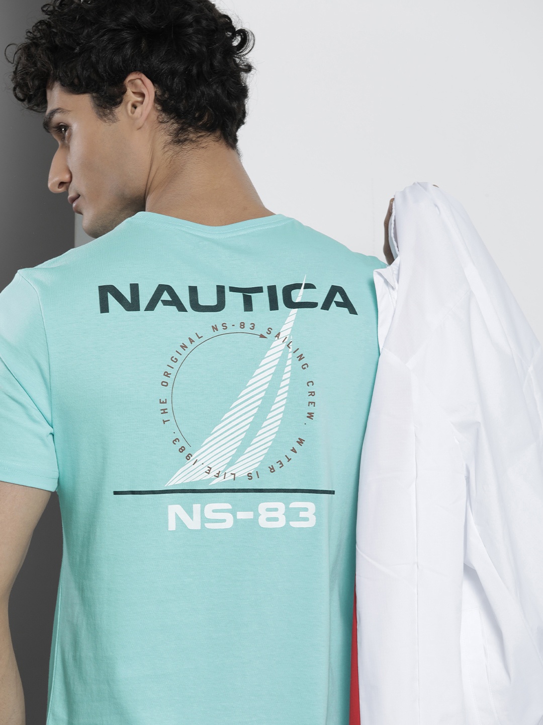 

Nautica Men Brand Logo Back Printed Round Neck Pure Cotton T-shirt, Blue