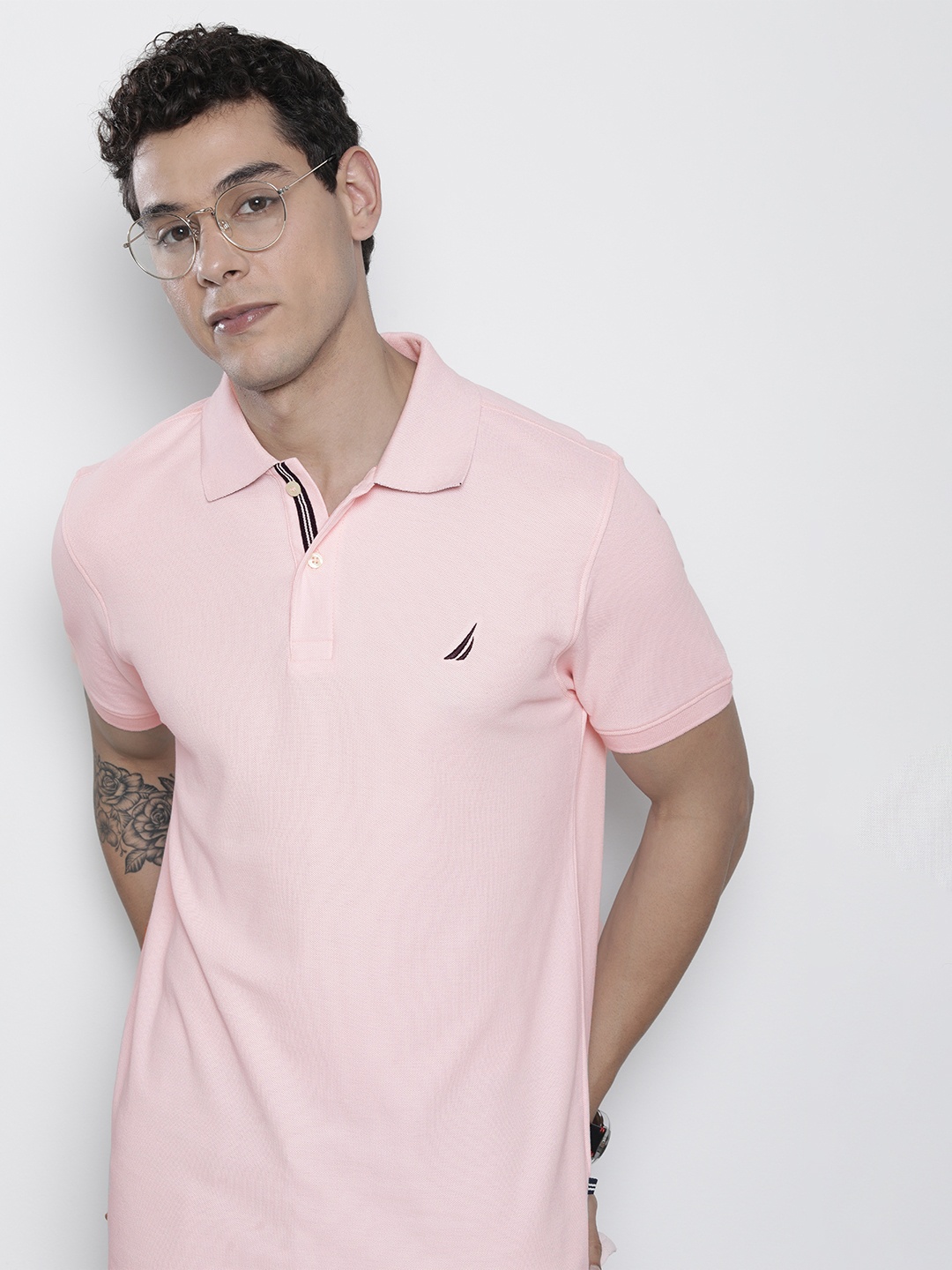 

Nautica Men Pink Solid Pure Cotton Polo Collar T-shirt