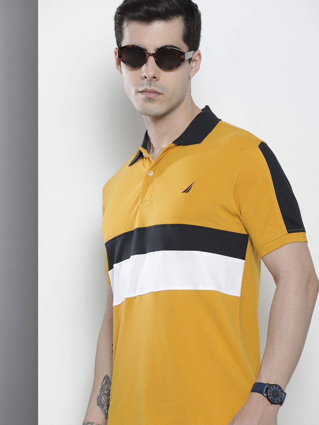

Nautica Men Mustard Yellow Colourblocked Polo Collar T-shirt