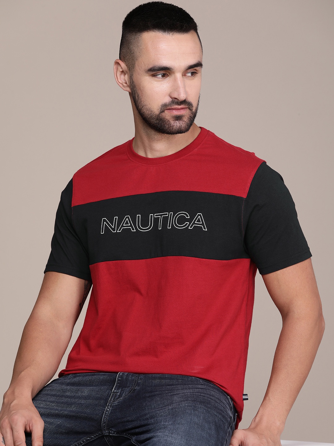 

Nautica Pure Cotton Colourblocked Casual T-shirt, Red