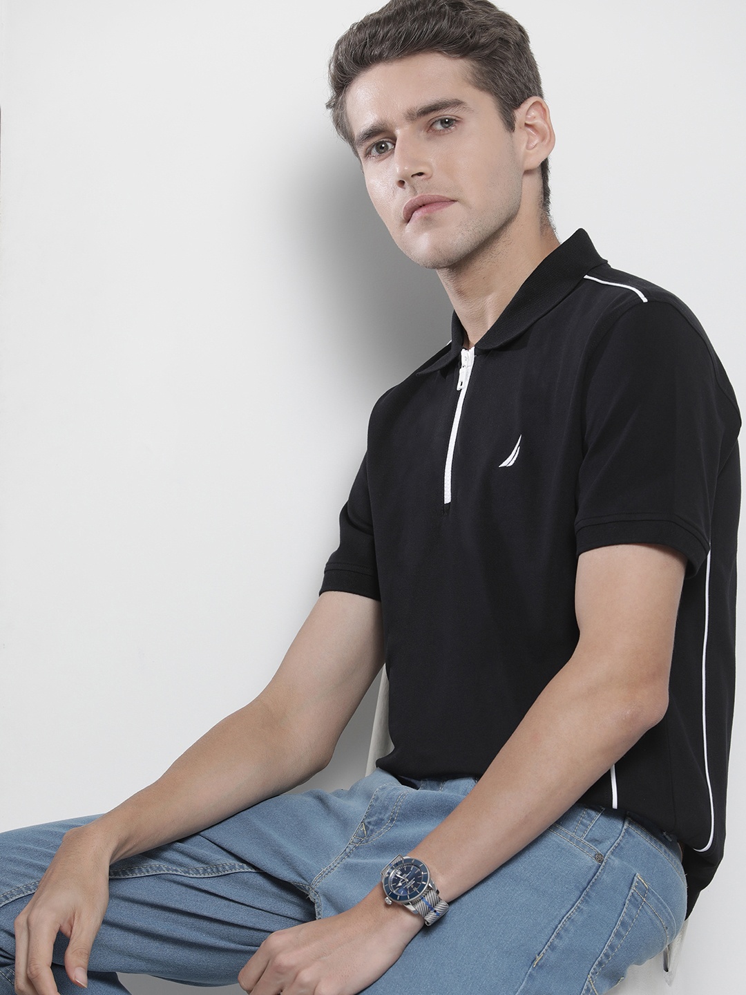 

Nautica Men Black Brand Logo Embroidered Polo Collar T-shirt