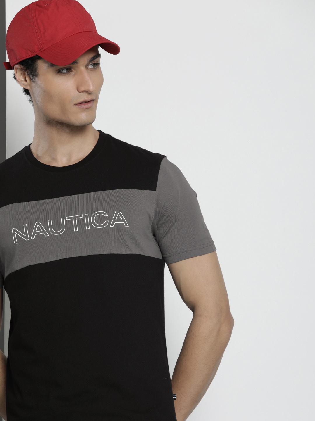 

Nautica Men Brand Logo Printed Pure Cotton T-shirt, Black
