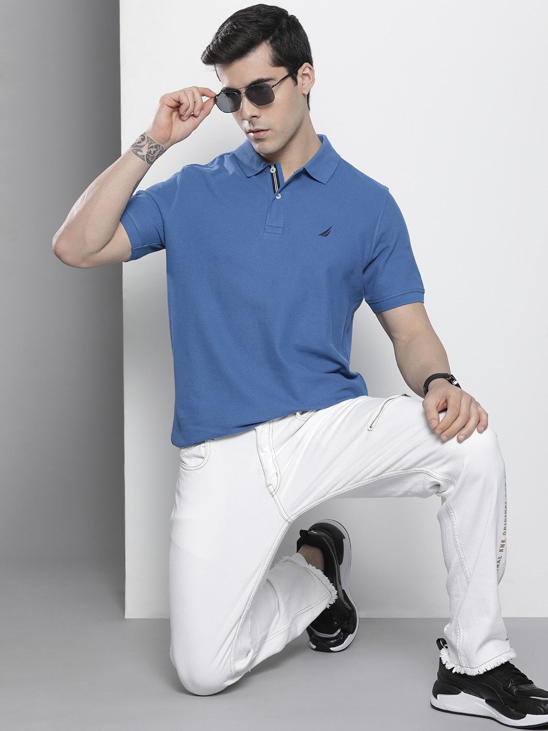 

Nautica Men Blue Solid Pure Cotton Polo Collar T-shirt