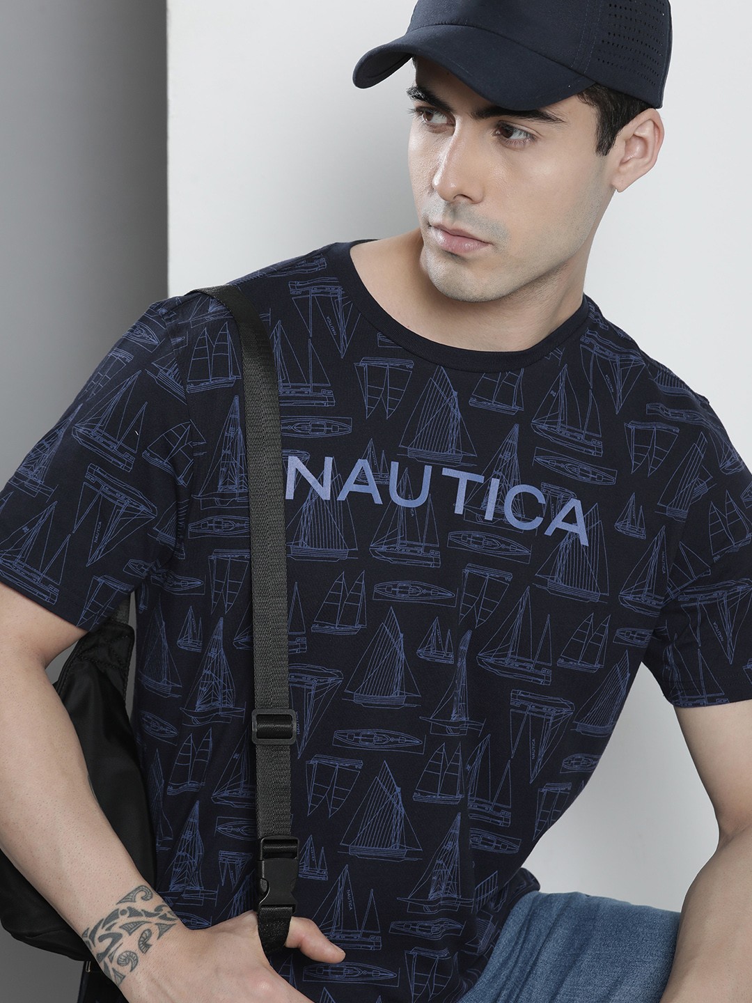 

Nautica Men Navy Blue Brand Logo Printed Pure Cotton T-shirt