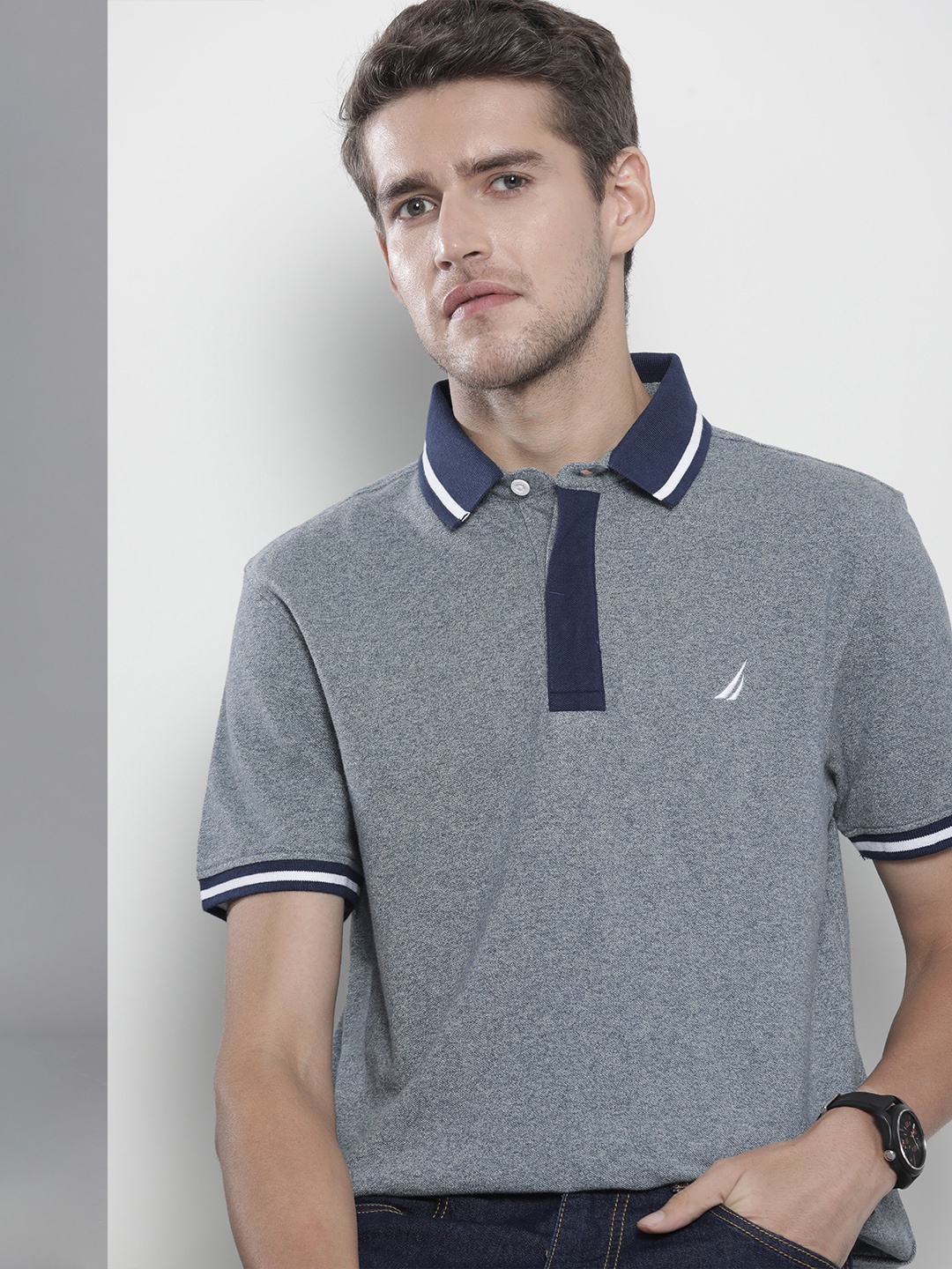 

Nautica Men Grey Melange & Navy Blue Embroidered Polo Collar Pure Cotton T-shirt