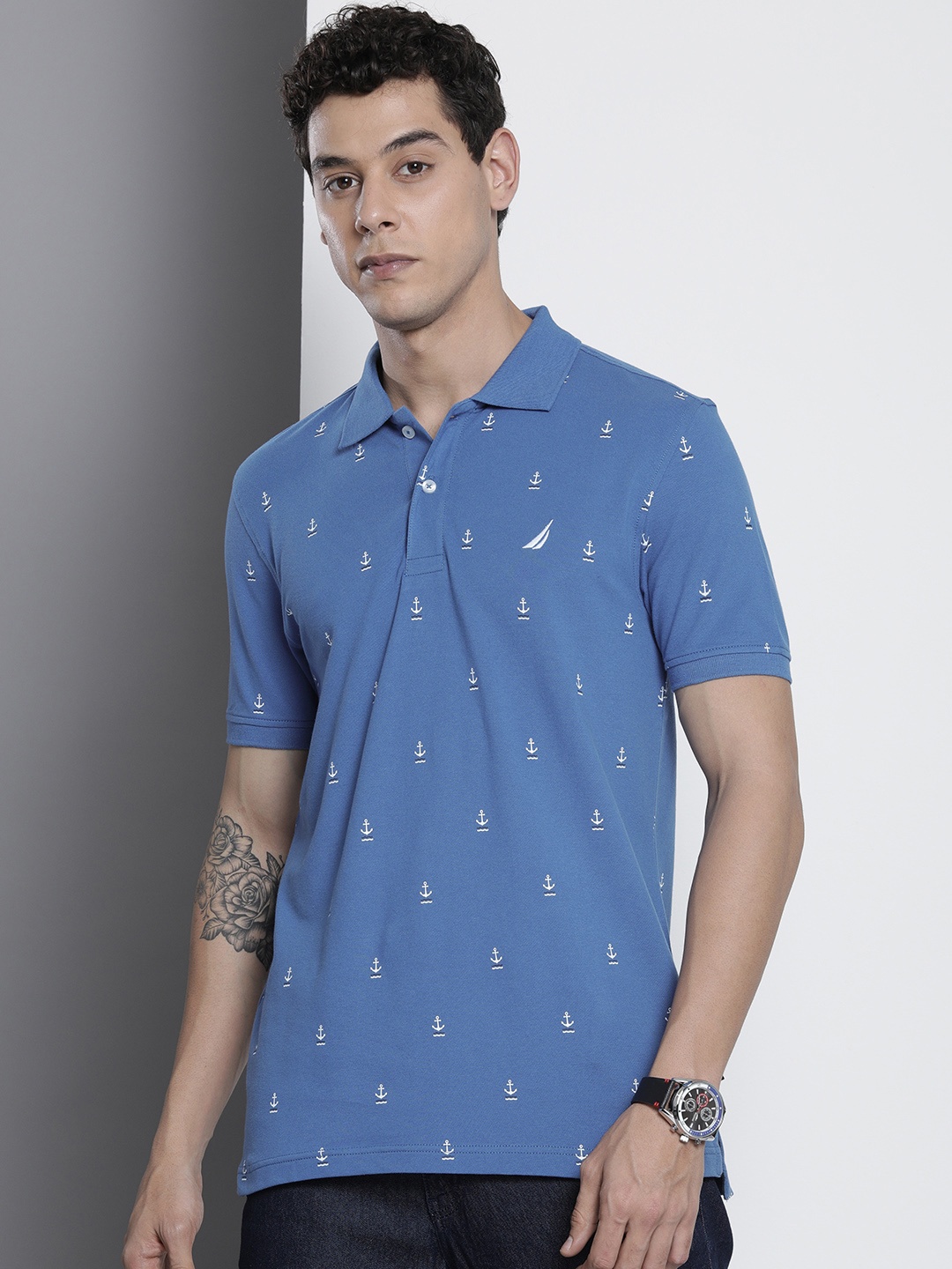 

Nautica Men Blue & White Printed Polo Collar T-shirt