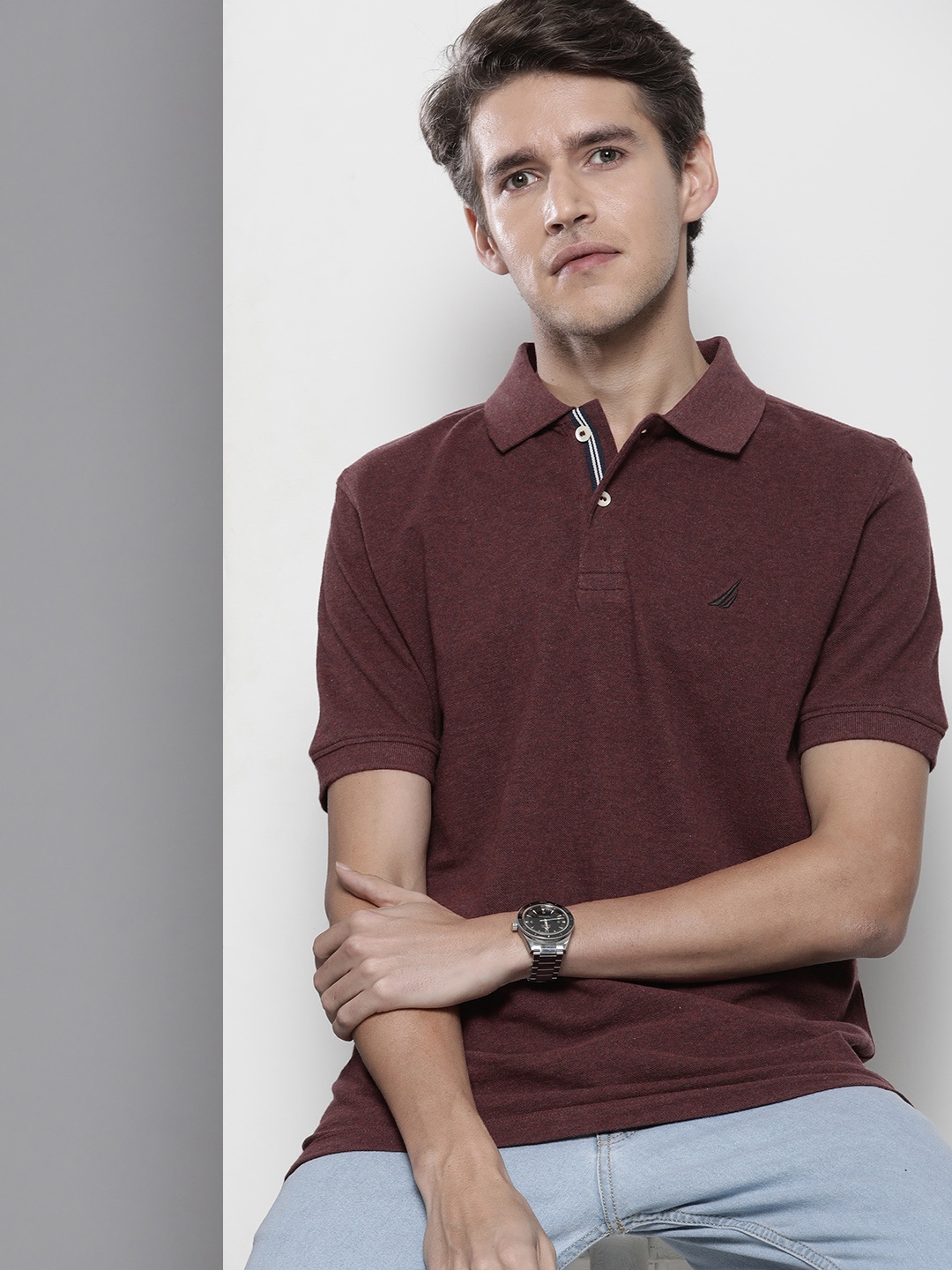 

Nautica Men Burgundy Solid Polo Collar Pure Cotton T-shirt