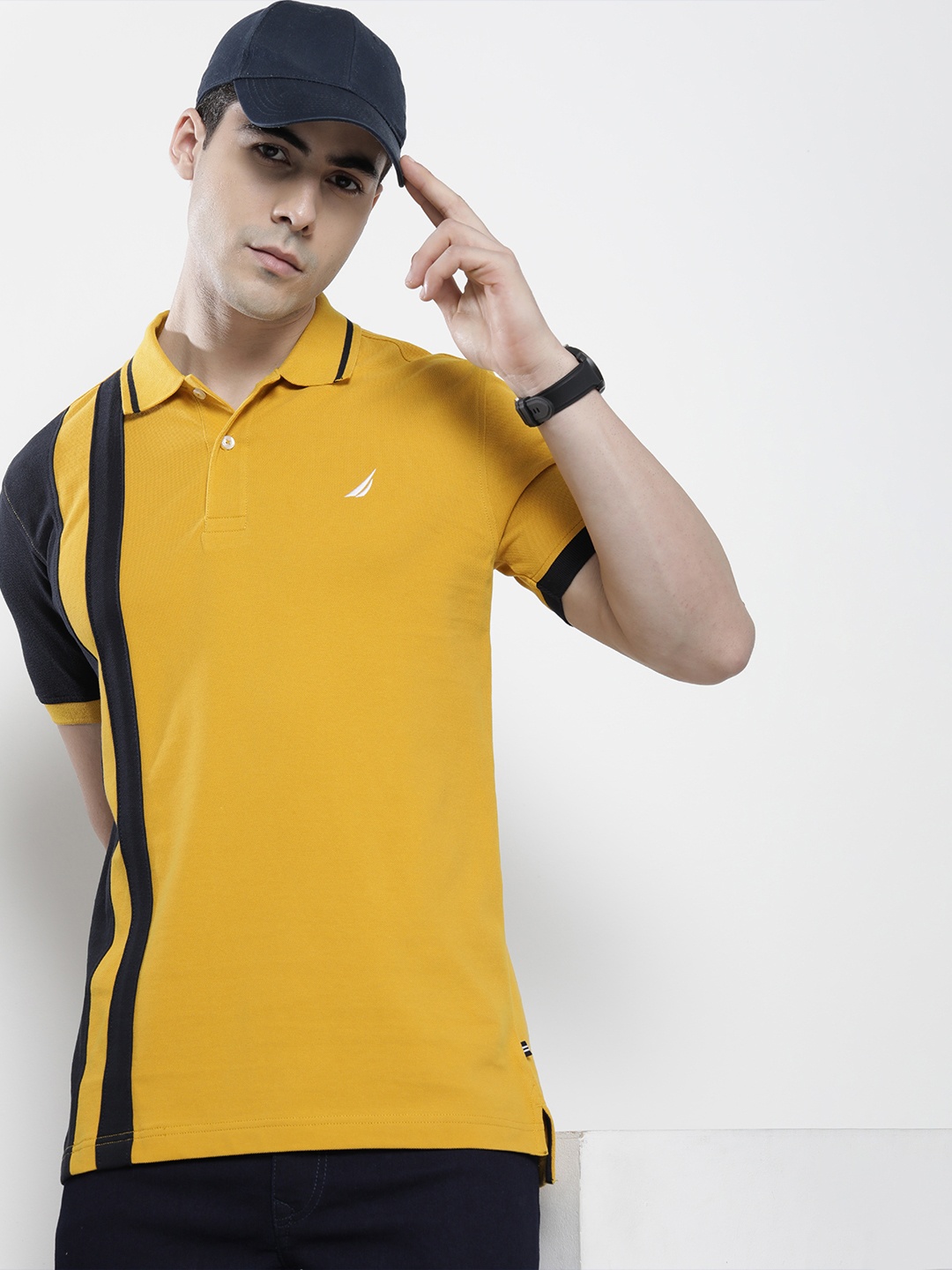 

Nautica Men Mustard Yellow Placement Striped Polo Collar Pure Cotton T-shirt