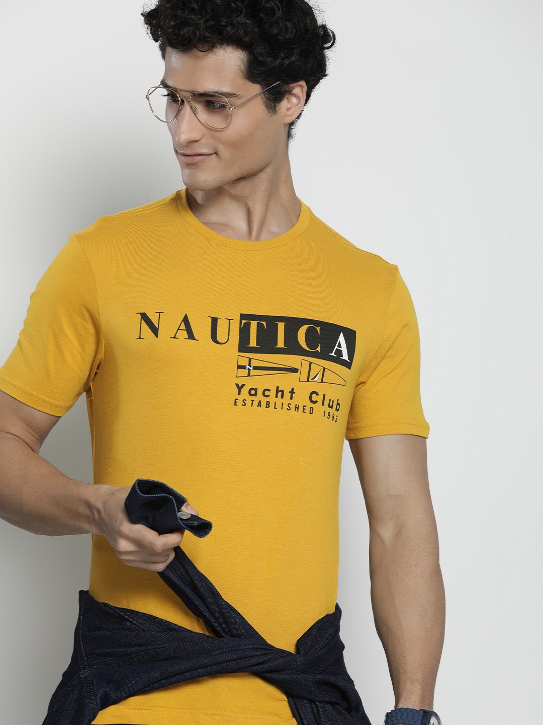 

Nautica Men Brand Logo Printed Pure Cotton T-shirt, Mustard