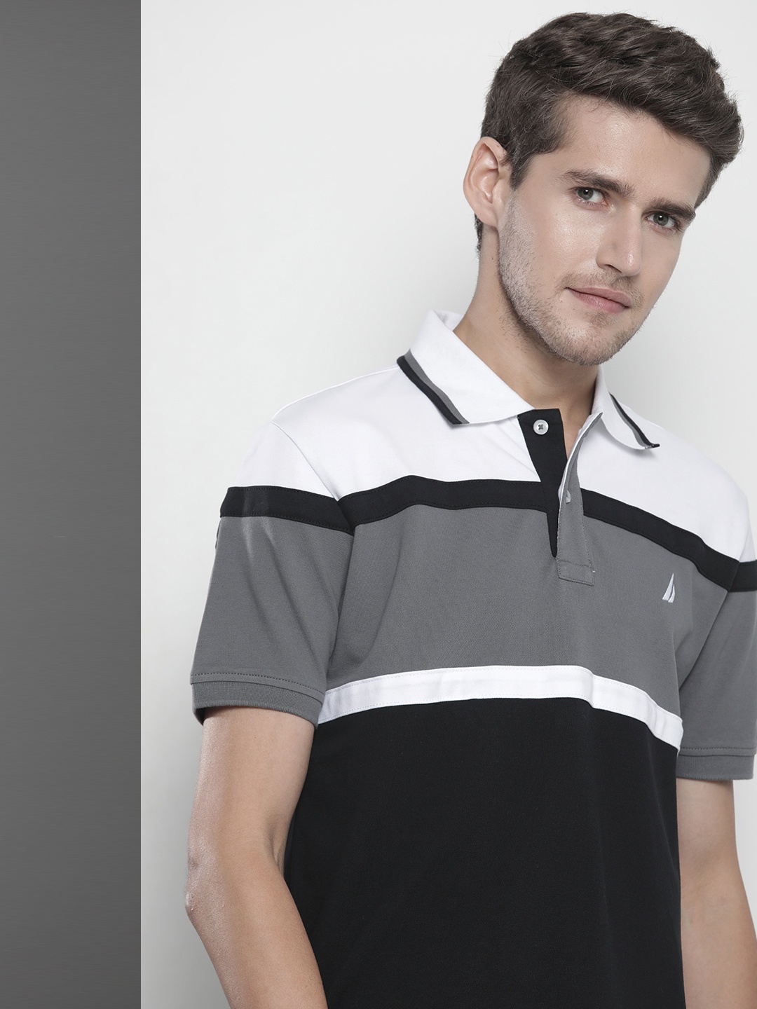 

Nautica Men Black & Grey Colourblocked Polo Collar T-shirt