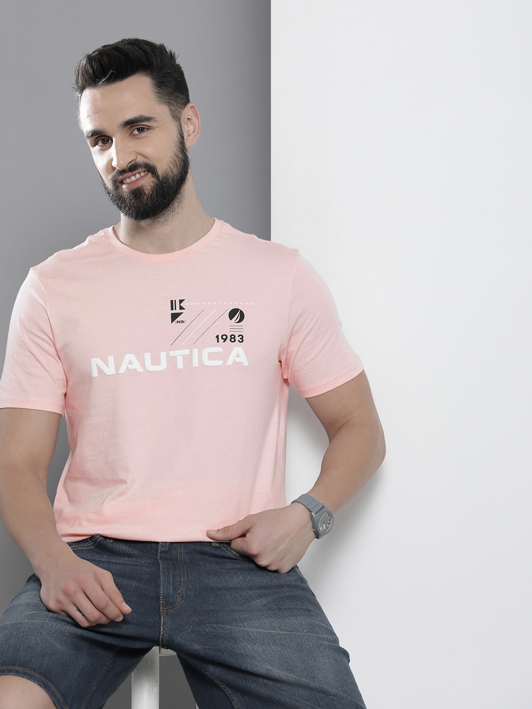 

Nautica Men Pure Cotton Brand Logo Printed Round Neck T-shirt, Pink