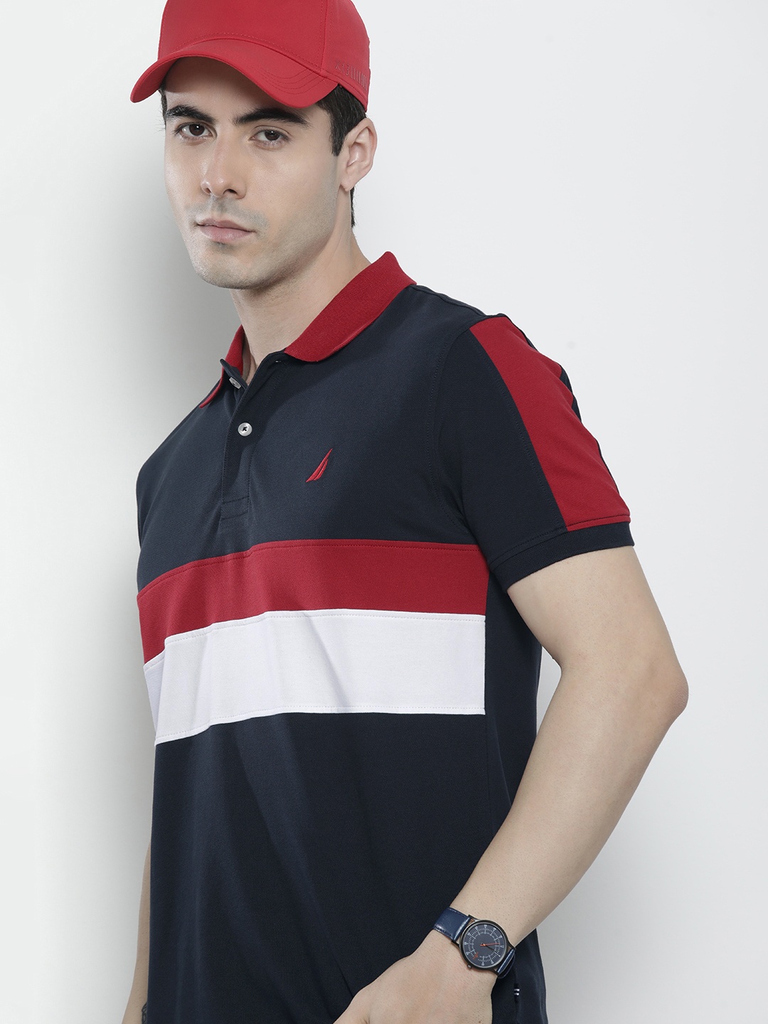 

Nautica Men Navy Blue & Red Striped Polo Collar T-shirt