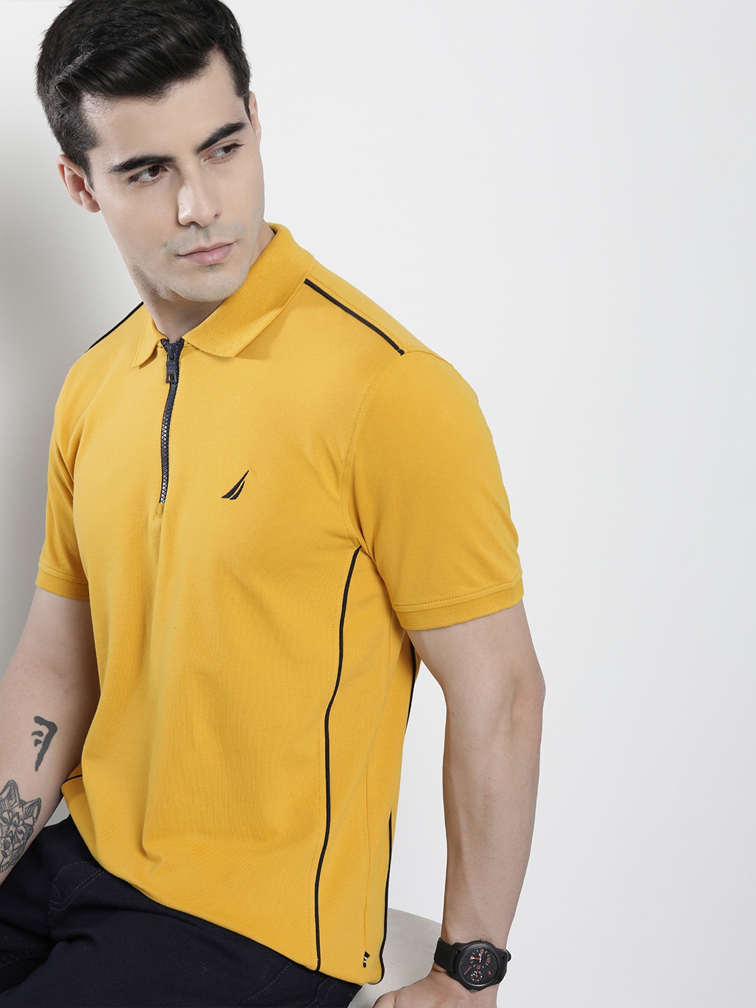 

Nautica Men Mustard Yellow Half Zipper Polo Collar T-shirt