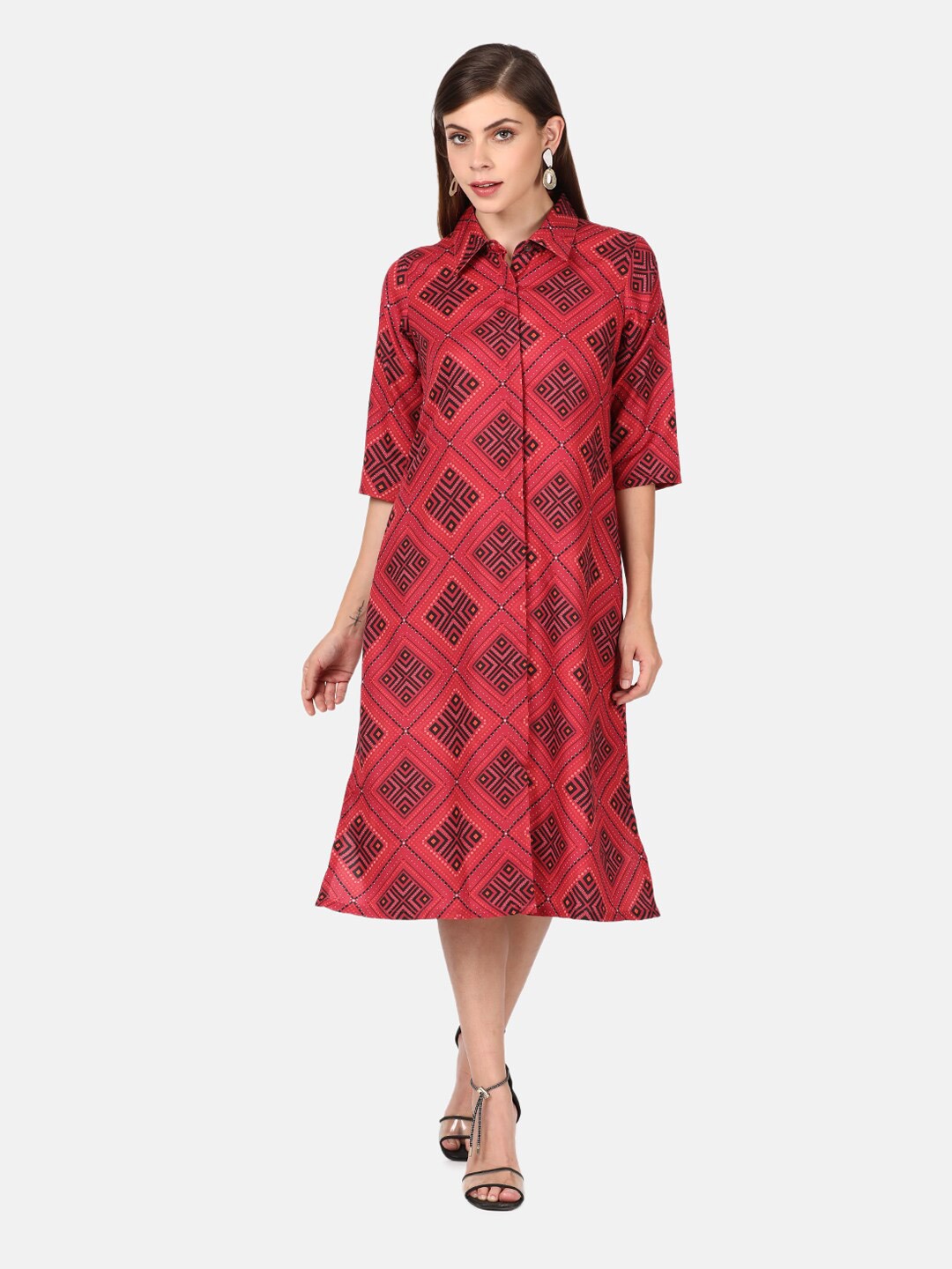 

UNTUNG Red Tribal Printed Shirt Midi Dress